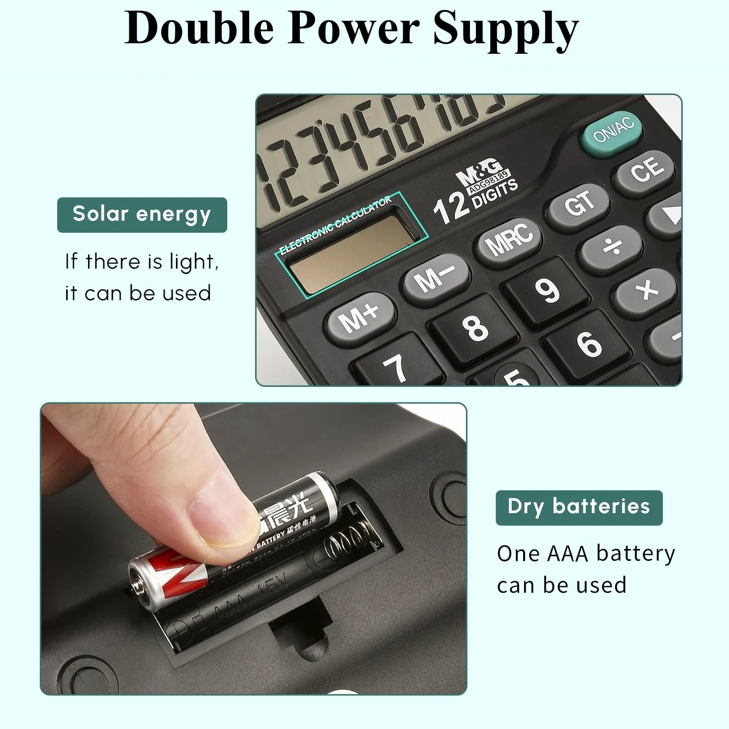 M&G Calcolatrice da scrivania a 12 cifre, con ampio display LCD, doppia energia solare e batteria, calcolatrice da incasso con pulsanti grandi per ufficio, casa, scuola (nero)