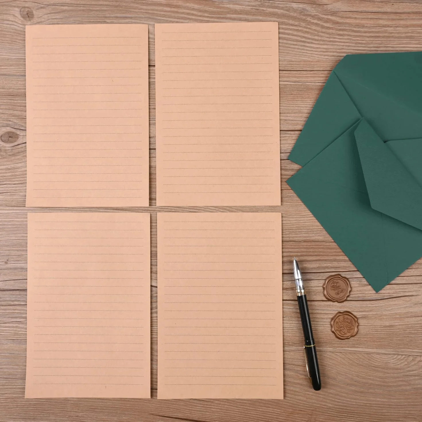 Set Vintage Carta da Lettere con Buste, 12 Buste Lino, 12 Adesivi Sigilli Cera, 24 Carte Kraft per Matrimonio