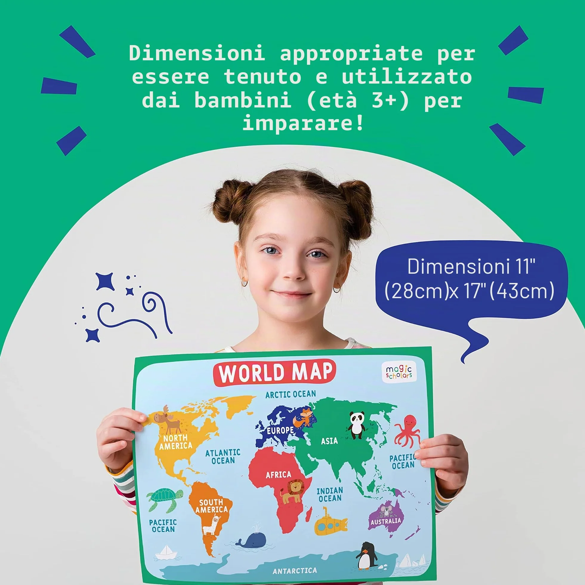 Magic Scholars Poster Bambini per Imparare l'Inglese Confezione 18 Cartoncini Impermeabili Alfabetiere Colori Giorni Settimana Sistema Solare