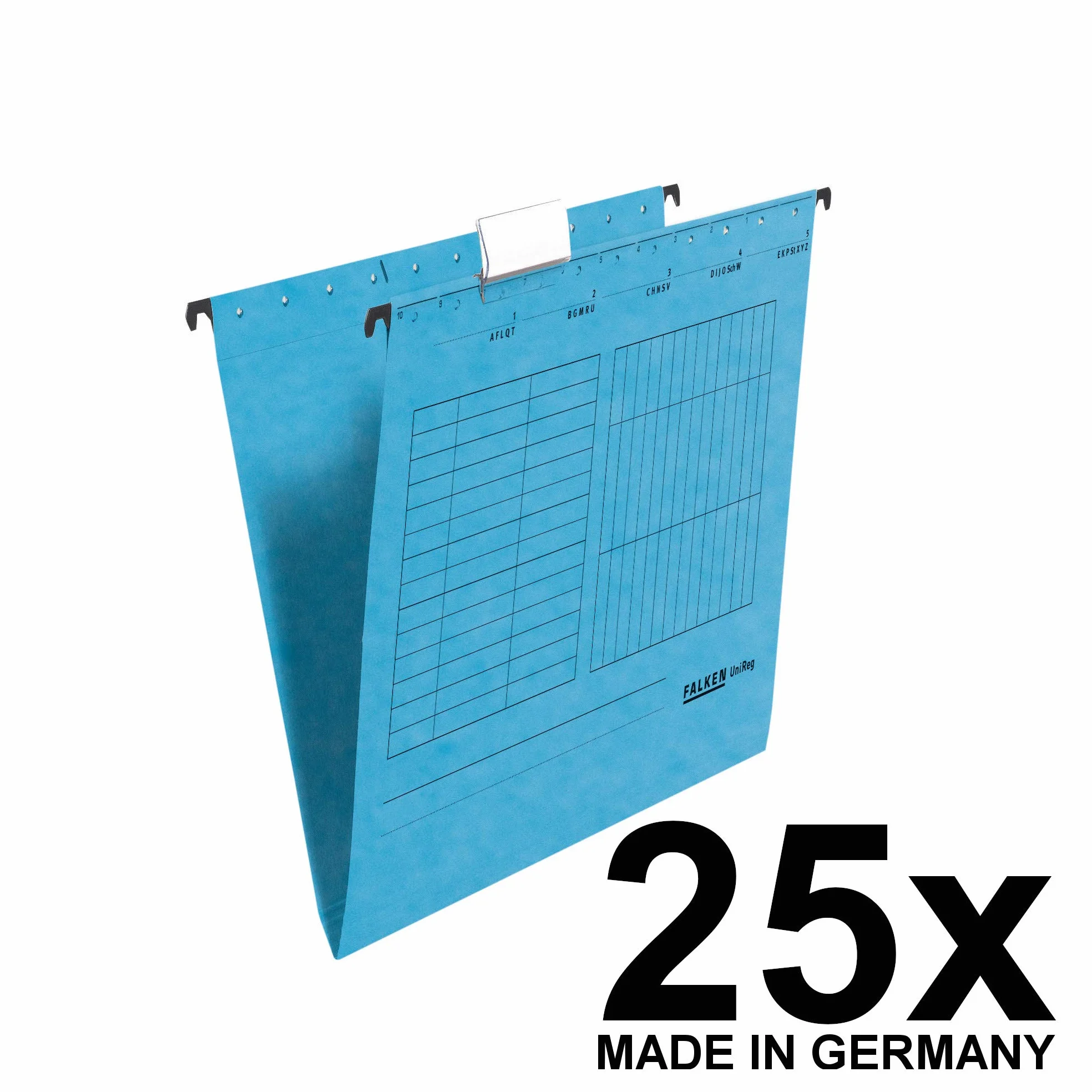 Falken Confezione da 25 cartelle sospese UniReg. Made in Germany. Realizzato in cartone riciclato per DIN A4, aperto lateralmente, blu, ideale per i fogli sciolti in ufficio e nell'autorità
