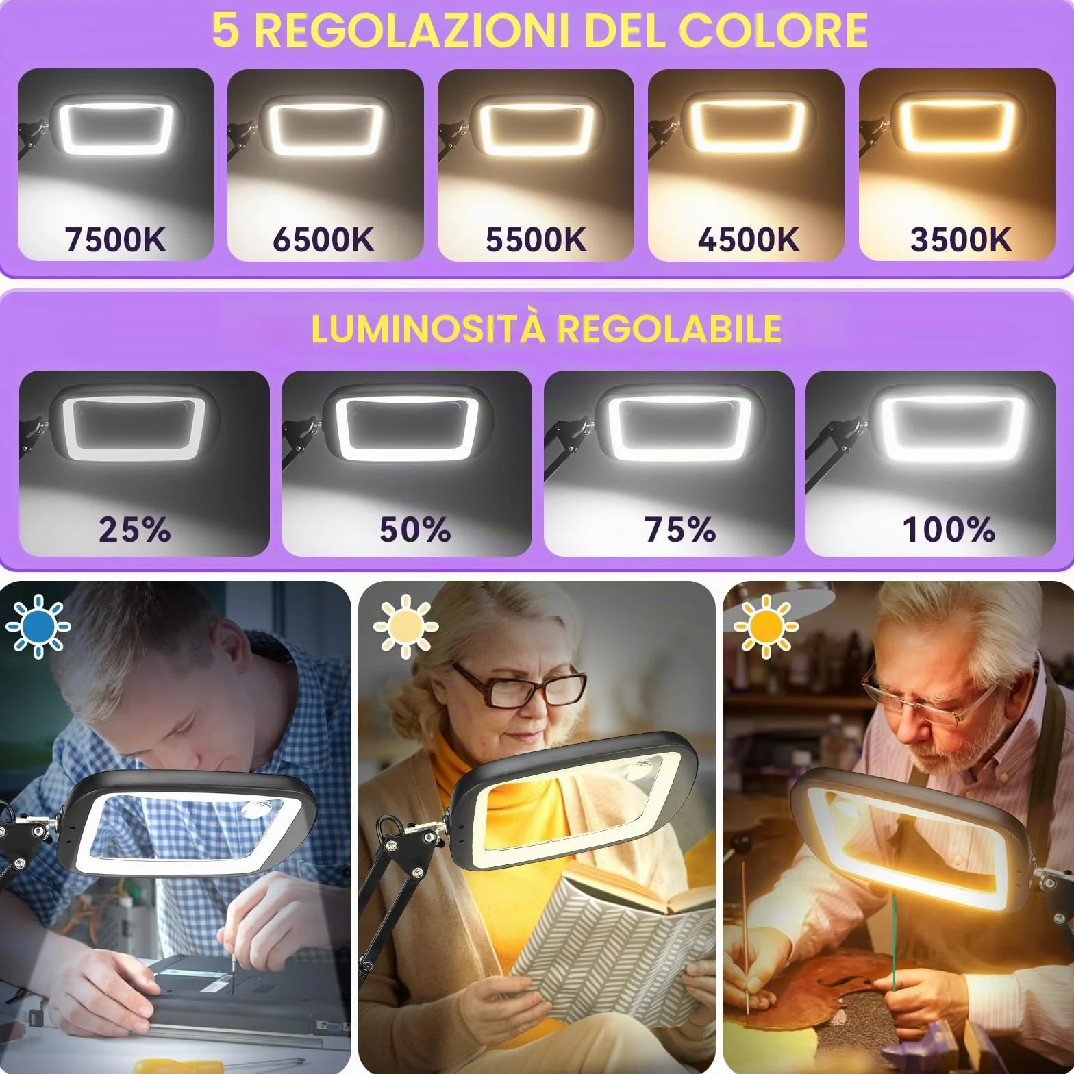 Lente di Ingrandimento con Luce LED 10X 30X, 5 Modalità Colore, Lampada da Scrivania per Lettura Hobby