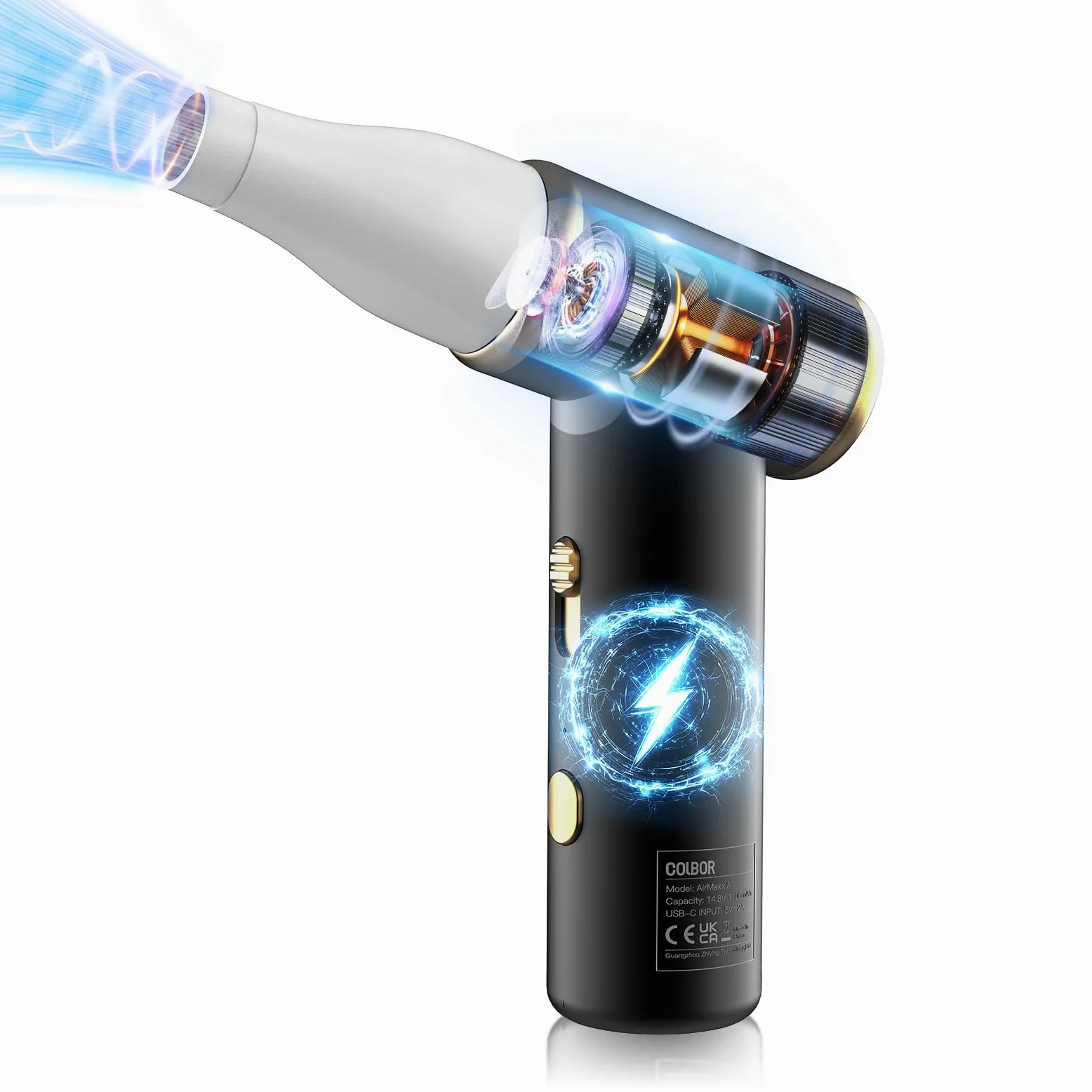 Colbor AirMaxx A1 - Soffiatore d'aria elettrico, 10000 giri/min, senza fili, con luce LED e ugello, pulitore ad aria compressa ricaricabile, per tastiera PC, spolverino ad aria compressa