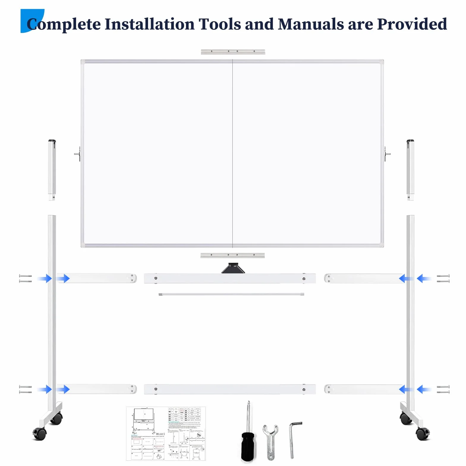 maxtek Lavagna Bianca Mobile con Supporto 180 x 100 cm, Grande Lavagna Cancellabile Magnetica Double Face, Cadre en Aluminium, Capovolgimenti 360° su Ruote, per Casa, Ufficio, Scuola