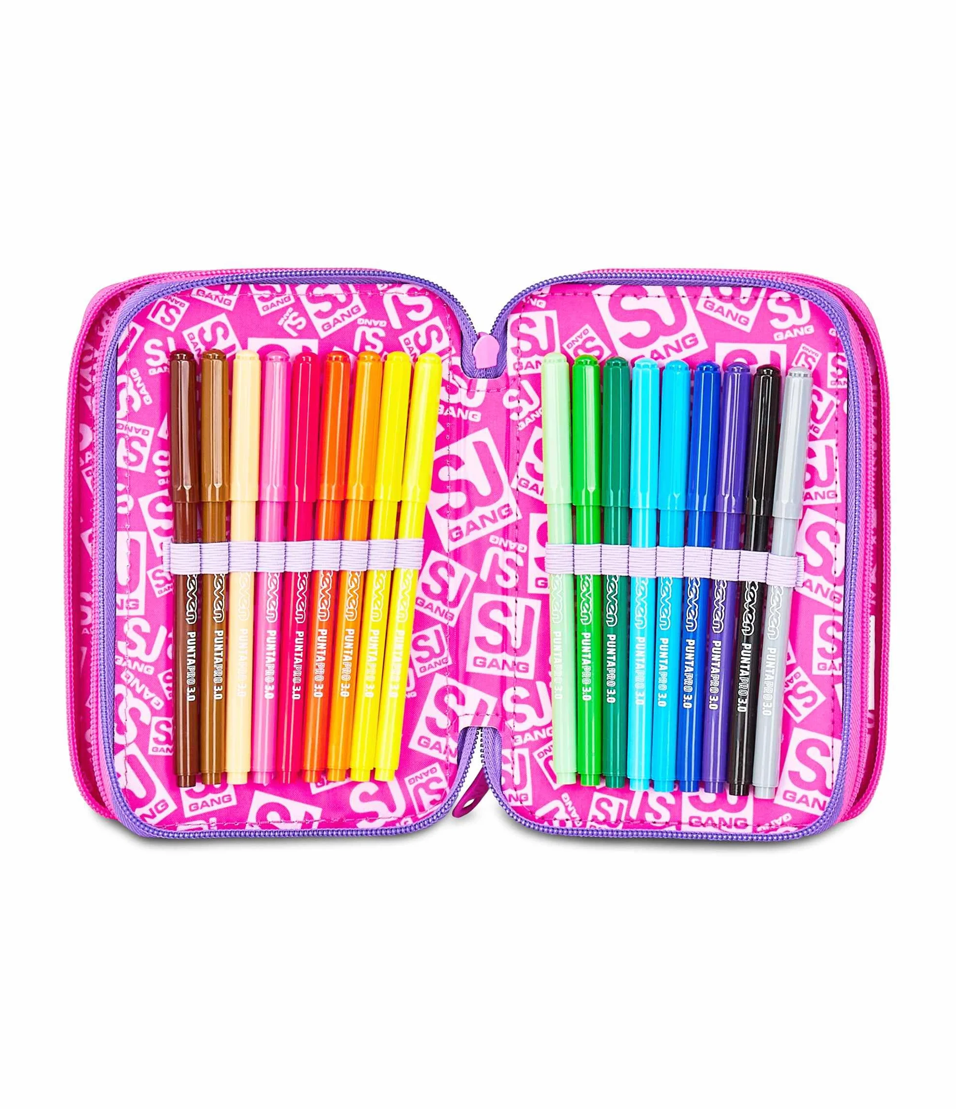 SJ GANG STYLE JAM GANG Astuccio Scuola 3 Zip, Fucsia, Portapenne Triplo Scomparto Completo Di Penne, Matite, Colori, Accessori Zaino, Scuola Elementare, Bambina