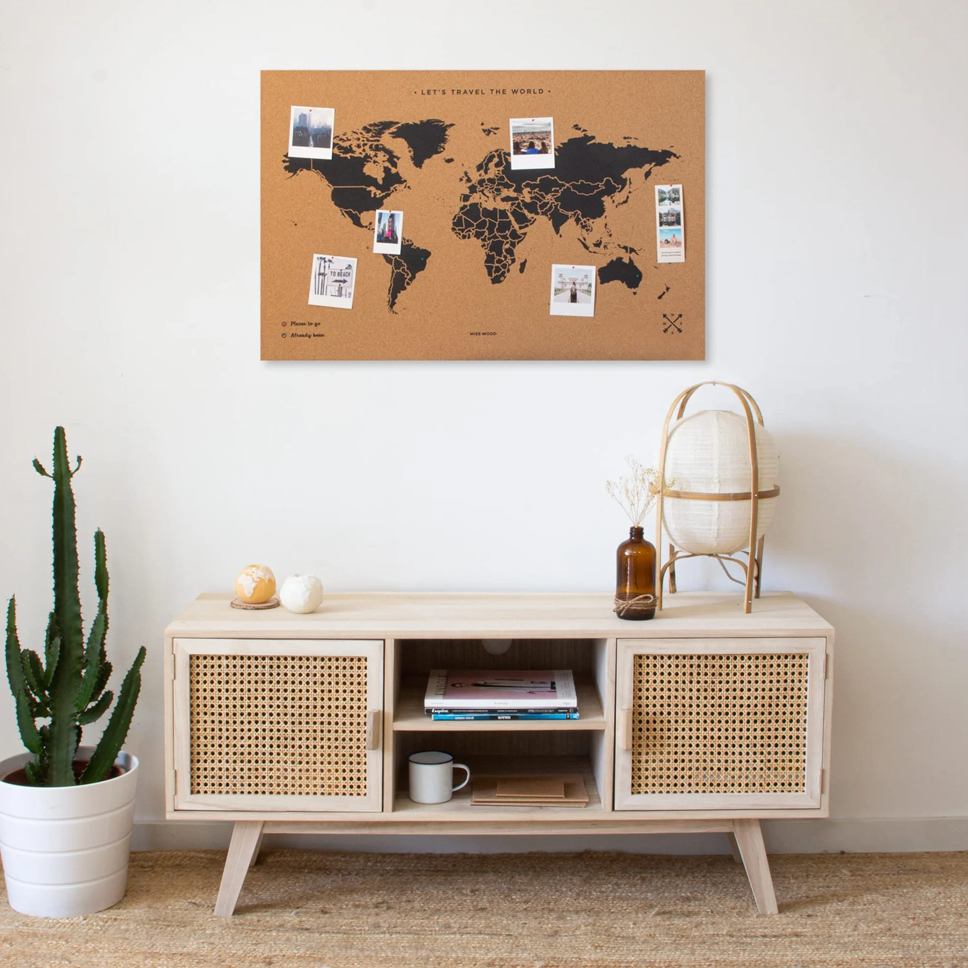 Miss Wood Map XL, Mappa del mondo di Sughero, 60 x 90 cm, Naturale/Nero