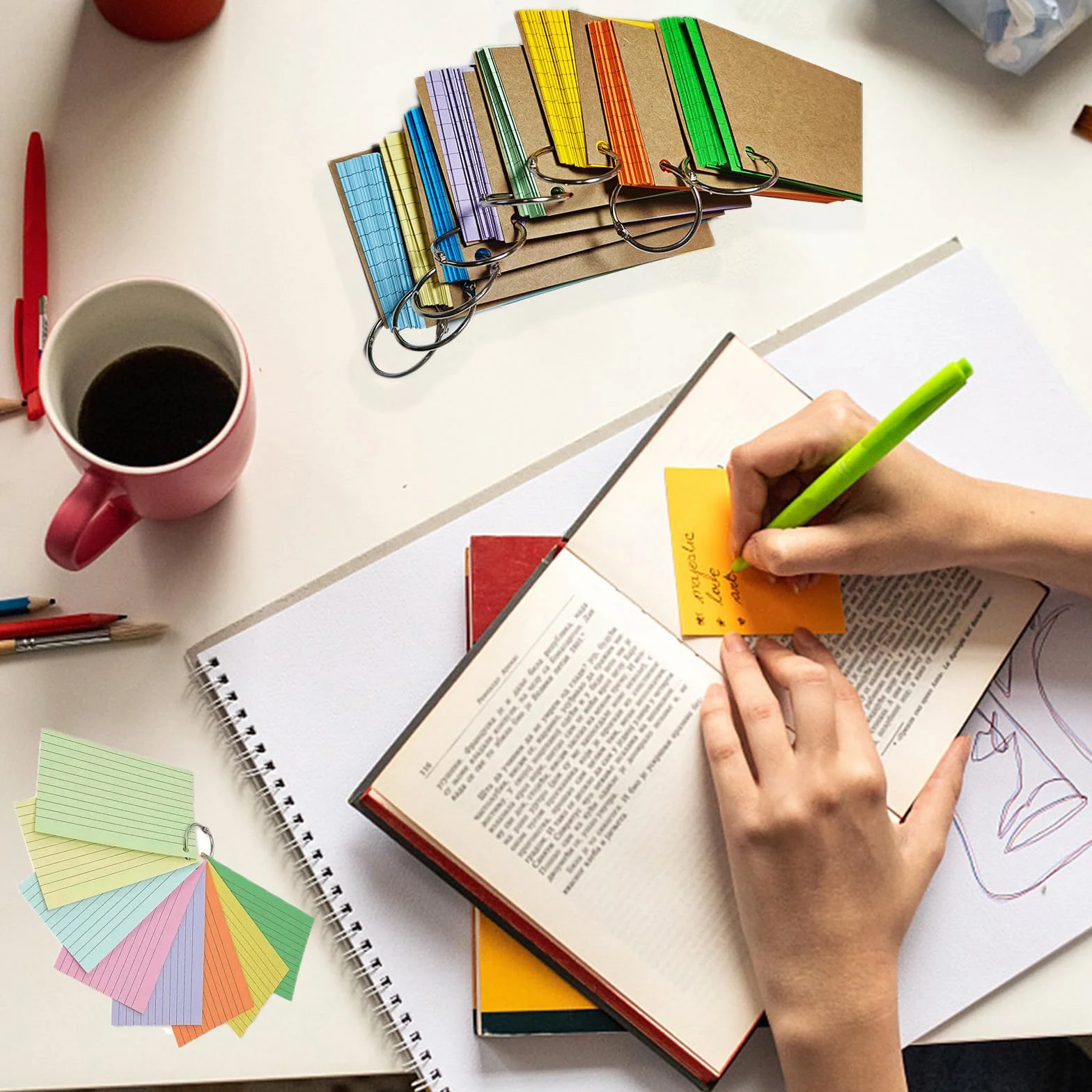 Flashcards A8 Cartoncini Colorati A Righe Con Penna 1000 Pezzi 10 Colori Per Apprendimento
