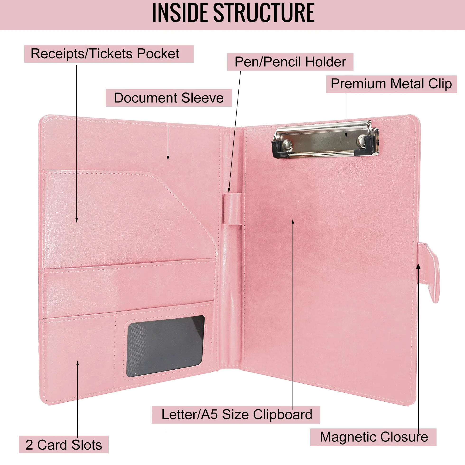 GraduatePro Cartella Portadocumenti A5 Pelle Cerniera Chiusura magnetica Unisex Ufficio Conferenza Organizzatore Quaderno Rosa