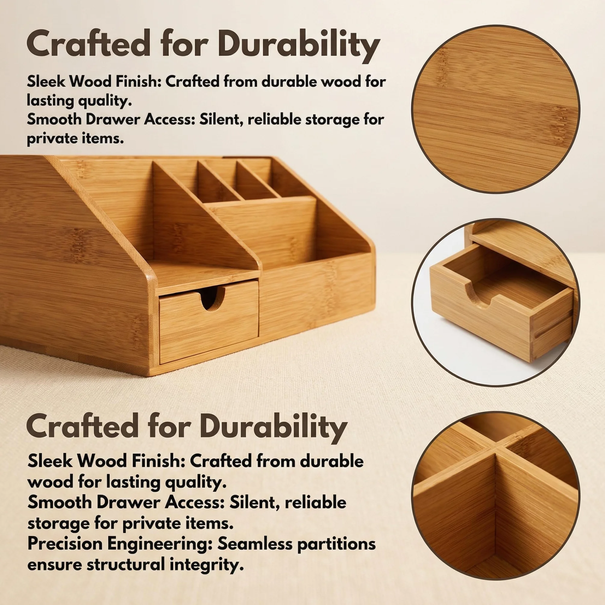 Organizer da scrivania in legno, 24,5 x 15 x 11 cm, con 7 scomparti e cassetto, con telecomando, portapenne, organizer da scrivania, per ufficio e casa