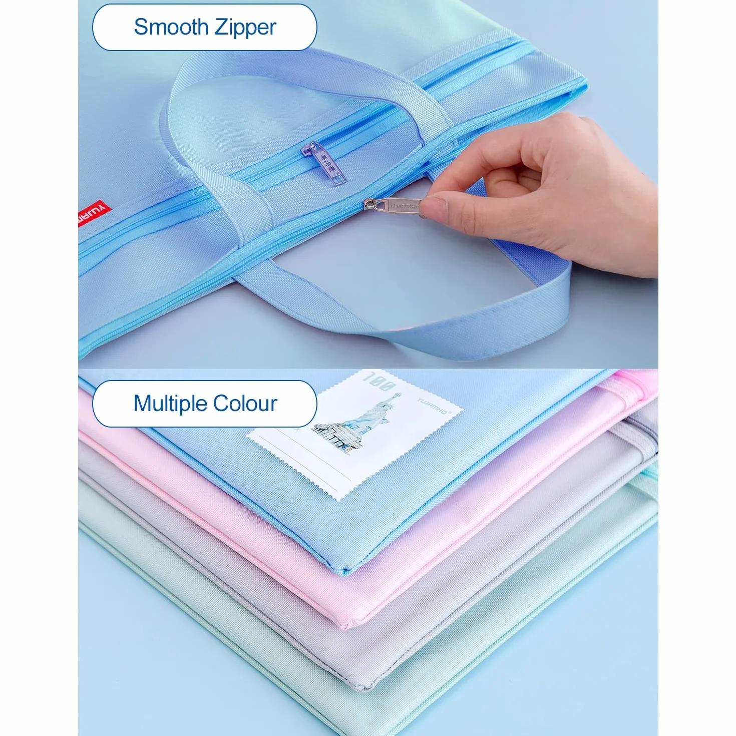 Set di 2 portadocumenti A4 in nylon impermeabili con doppia cerniera blu e rosa