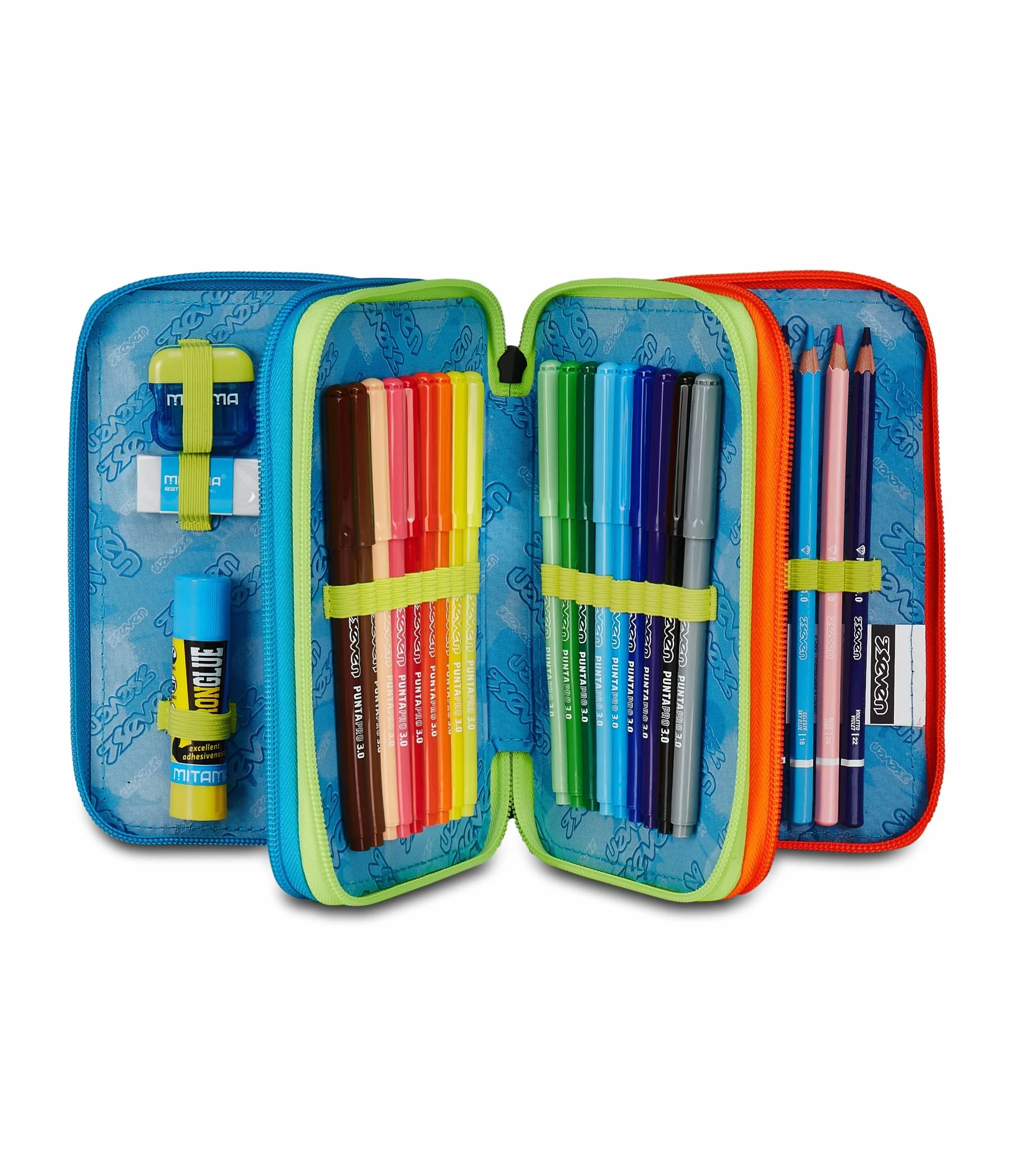 Seven Astuccio Scuola 3 Zip SCRIBBLED FLAME, Blu, Portapenne Triplo Scomparto Completo Di Penne, Matite, Colori, Accessori Zaino, Scuola Elementare, Bambino