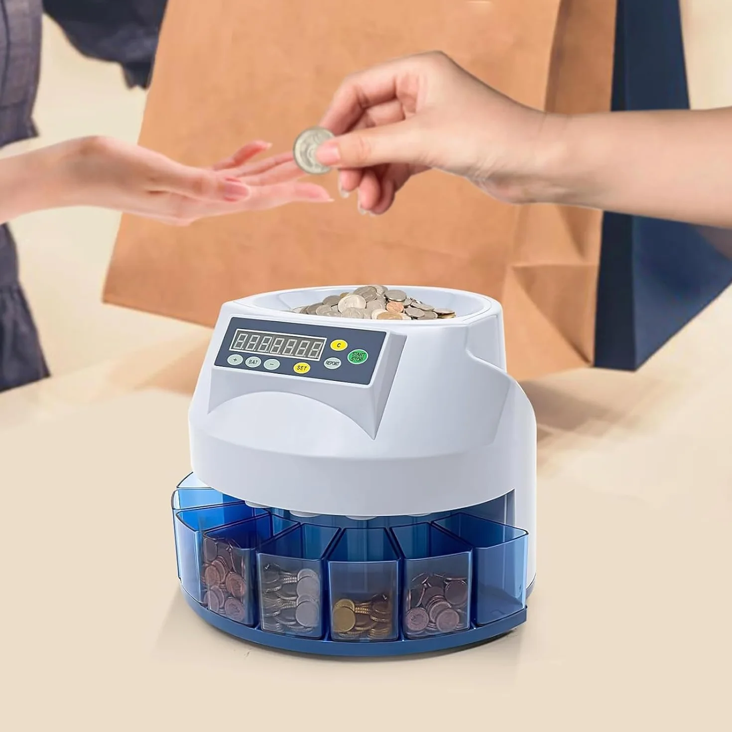 Macchina selezionatrice di monete, contatore di monete elettrico con display, 200 monete/min, autocontrollo dei guasti, design durevole, smistamento preimpostato per aziende e supermercati