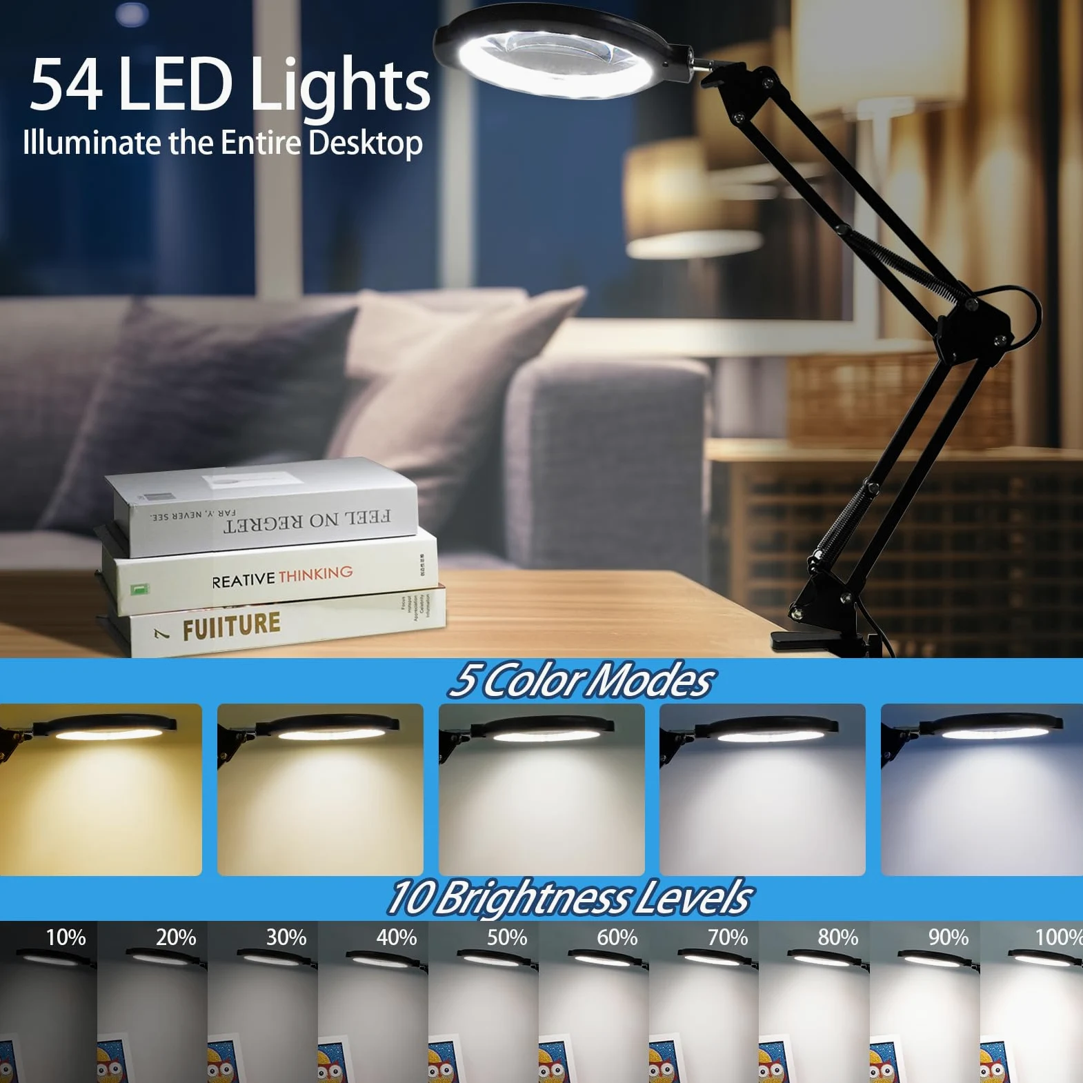 12 X lente d'ingrandimento da pavimento con luce e supporto, flessibile, braccio girevole con 54 LED, 5 modalità di colore a intensità variabile, lente d'ingrandimento libera illuminata per lettura,