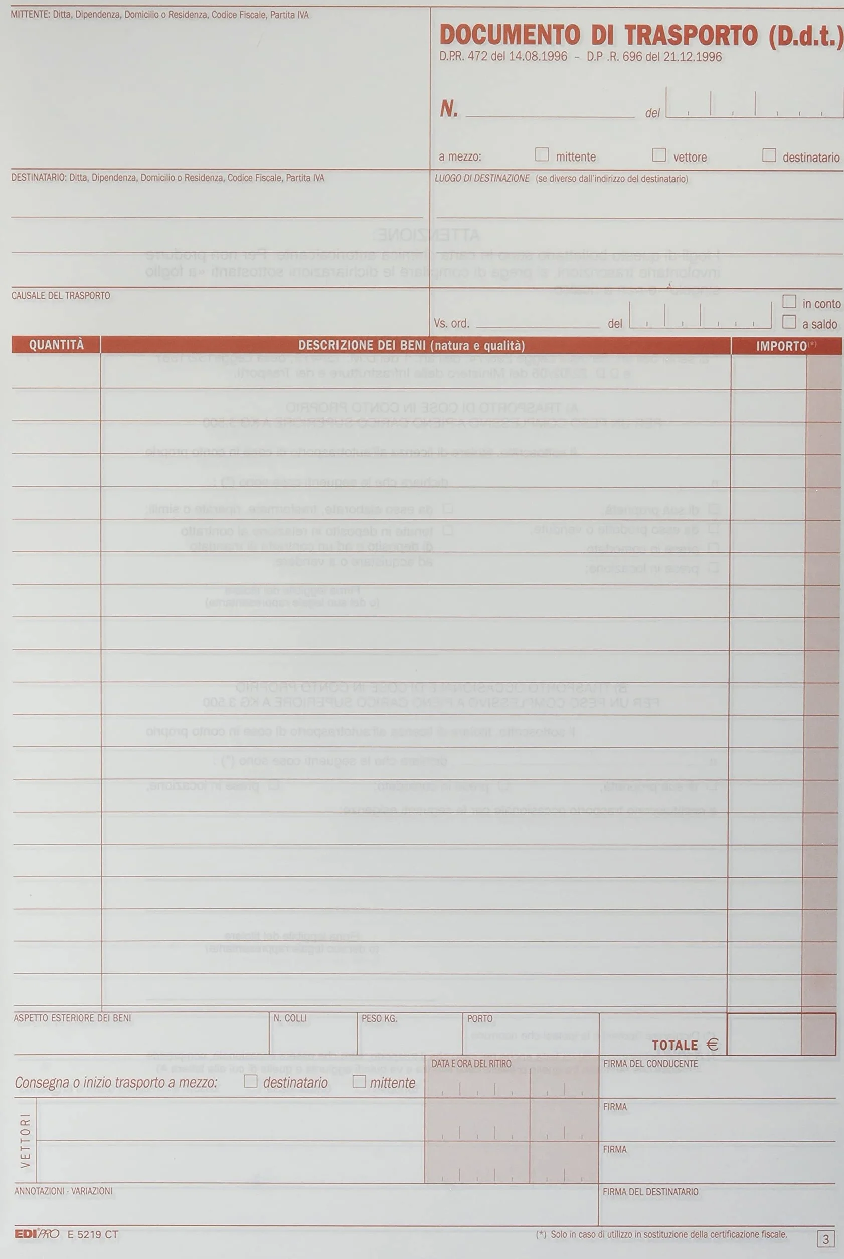 EDIPRO E5219CT Blocco documento di trasporto 33x3 autoricalcante 29.7x22