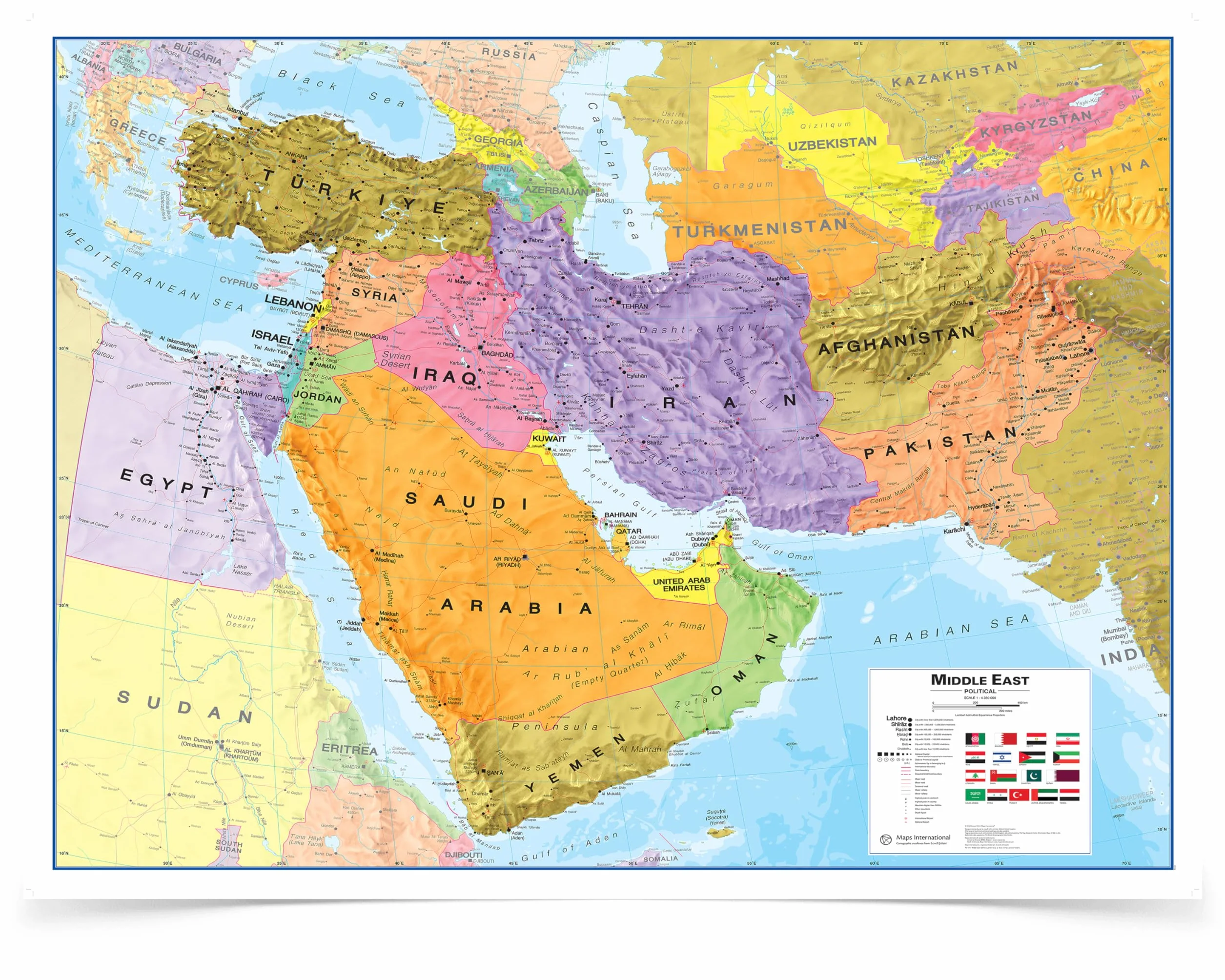 Maps International, Cartina politica del Medio Oriente aggiornata al 2024, grande, da appendere alla parete, laminata, 122 x 91,4 cm