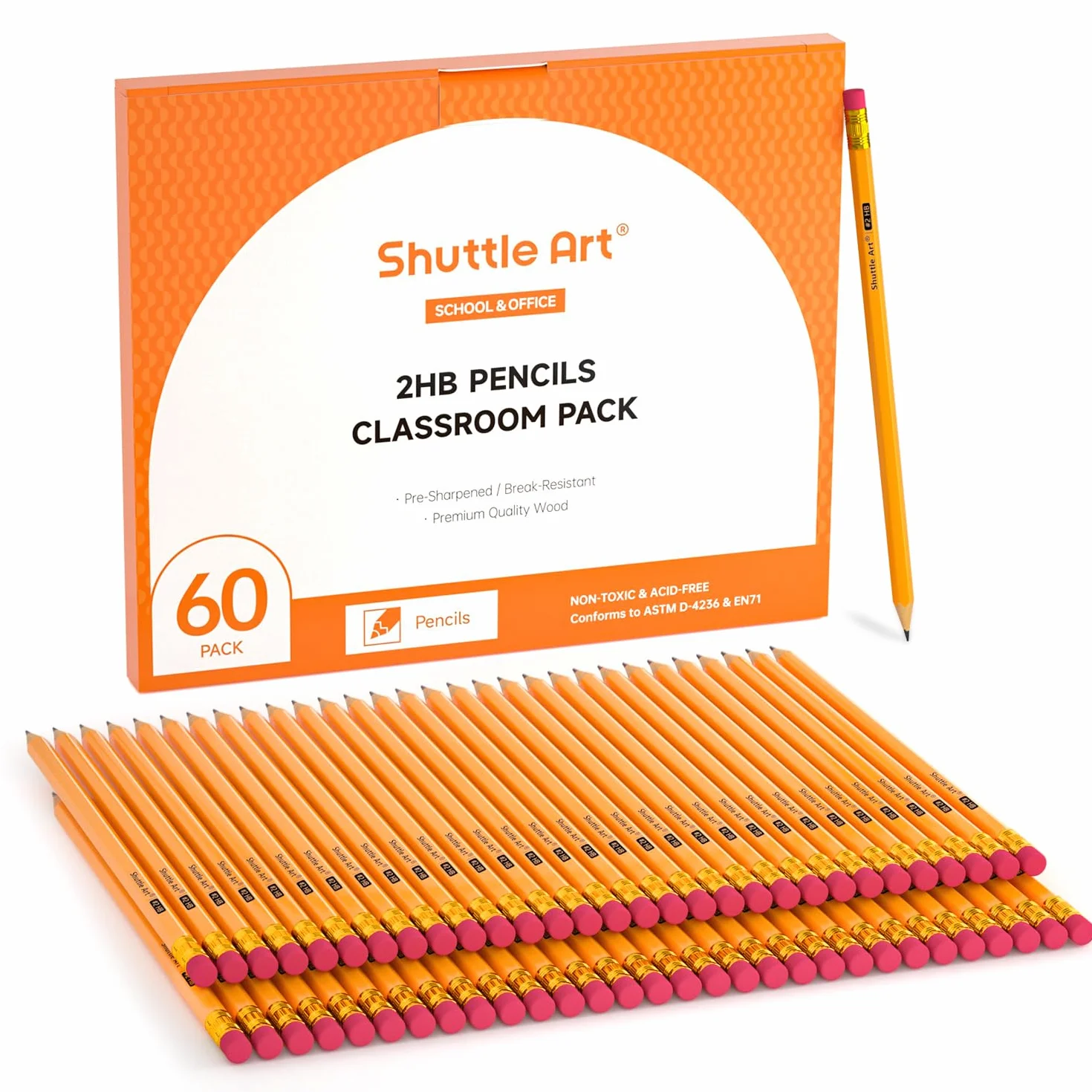Shuttle Art Matite HB #2 Confezione da 60, Pre-temperate con Gomme, Gialle in Legno