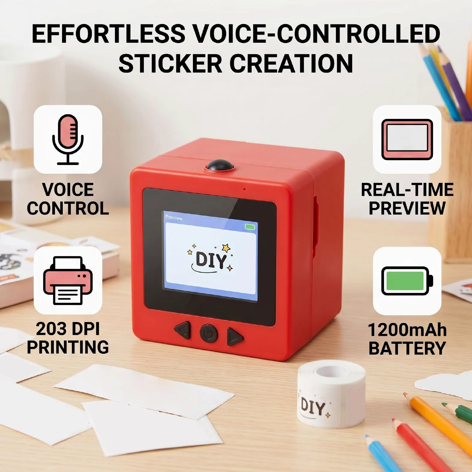 Bewinner Stampante per Adesivi Intelligente AI, Etichettatrice Termica Senza Inchiostro a Controllo Vocale con Schermo da 2,4 Pollici, Macchina da Stampa Wireless Portatile da 203 DPI per (rosso)