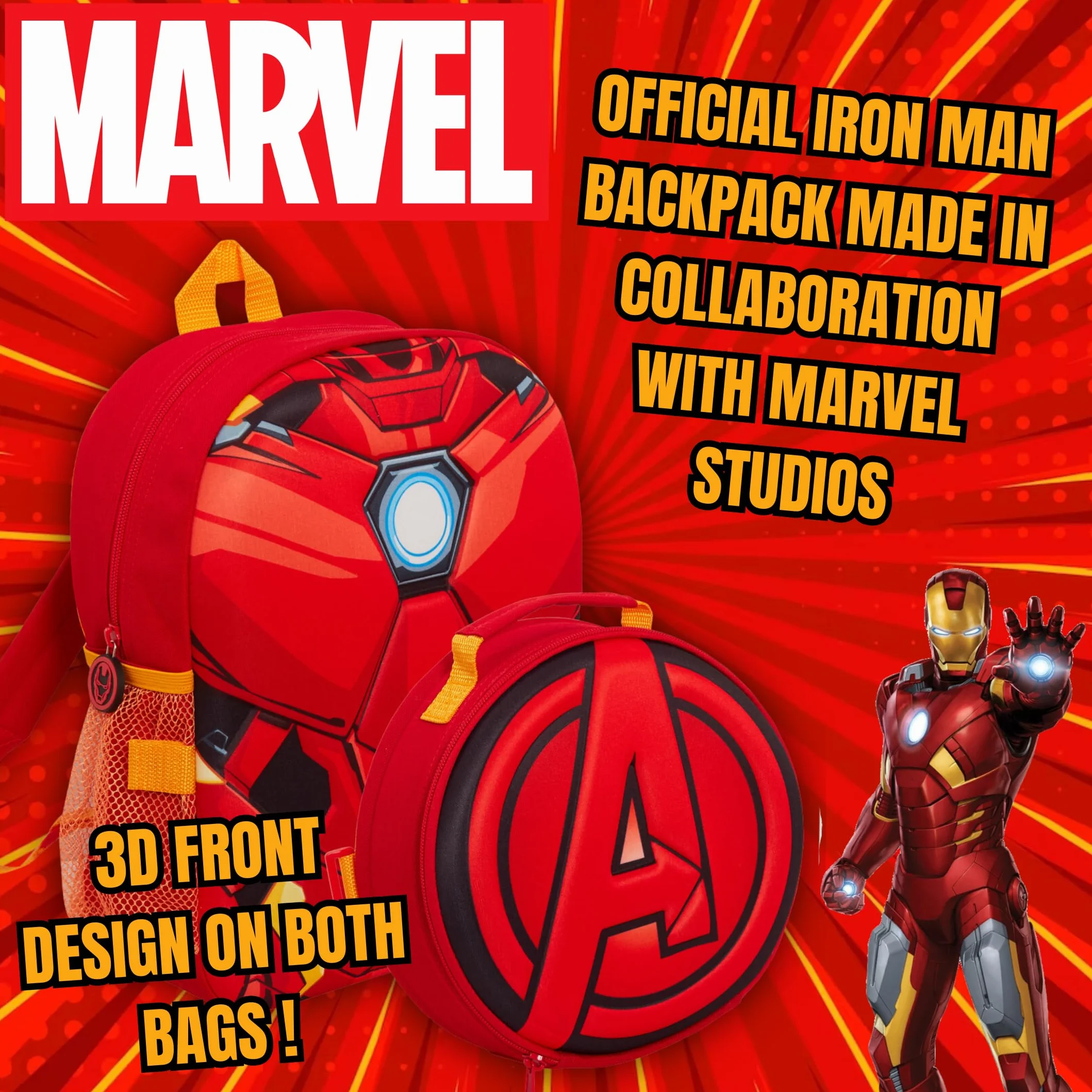 Marvel Zaino per bambini Iron Man Avengers Borsa per il pranzo staccabile Portabottiglie per acqua Set da 2 pezzi