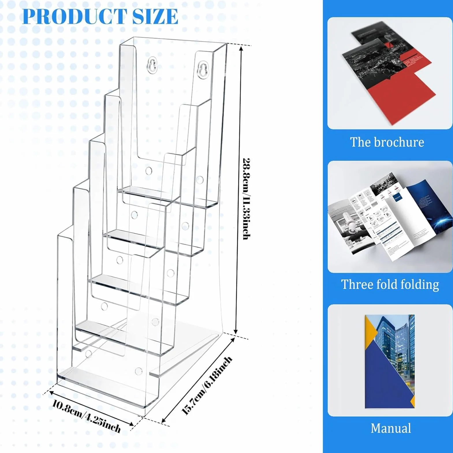 Porta opuscoli – organizer trasparente a 5 ripiani in acrilico – Espositore per brochure | per cartoline, documenti, poster, bancone, tavolo, ufficio, reception, , scuola, biblioteca