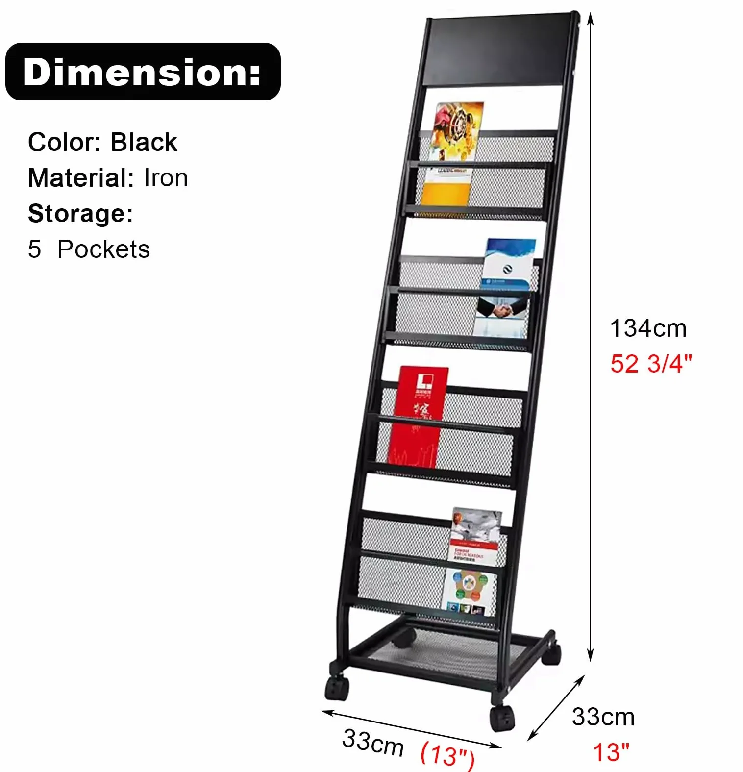 Portariviste in rete metallica con rotelle, espositore a 5 strati per brochure e archivio, organizer verticale multiuso, decorazione moderna