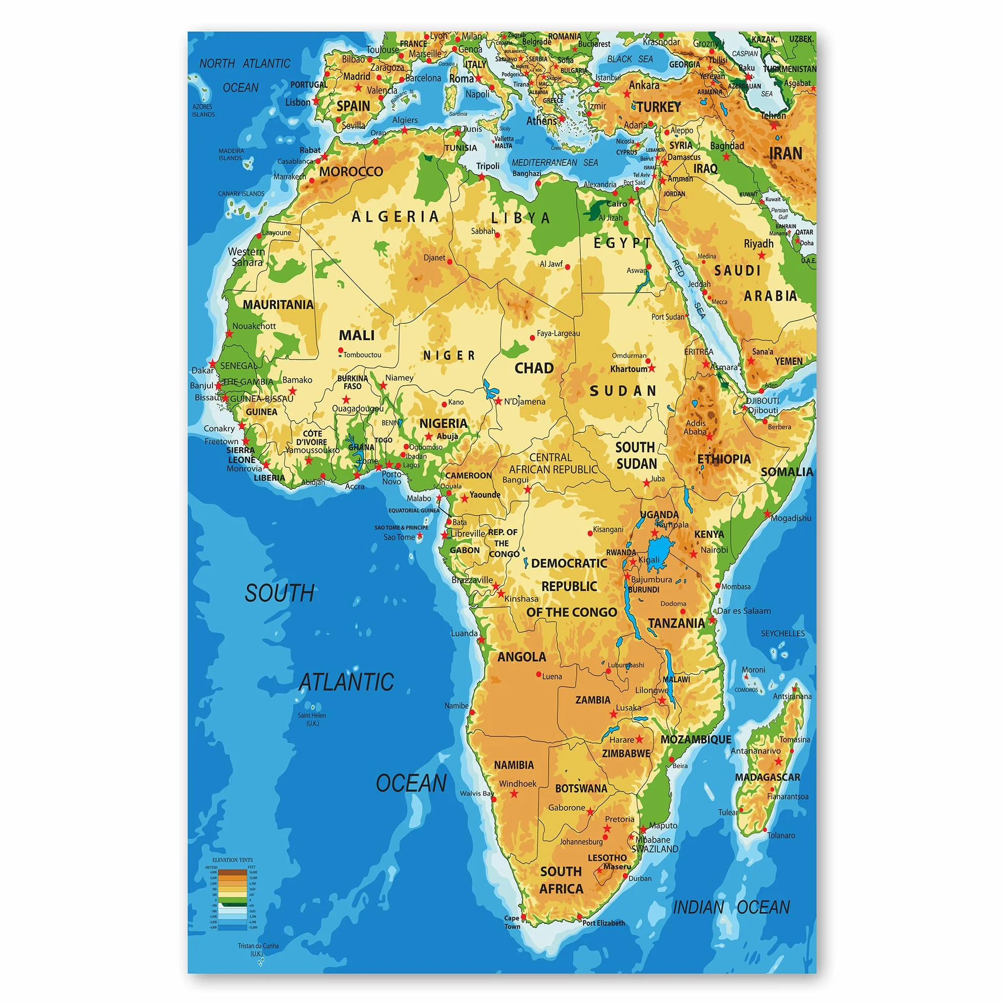 Postereck - 1043 - Mappa dell'Africa, capitali dei paesi in inglese - Decorazione Aula Scolastica, Materiale Didattico, Insegnamento, Quadri - Tela - 100,0 cm x 75,0 cm