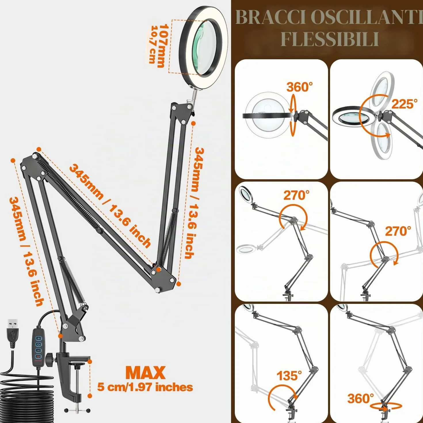 Lampada con Lente d'Ingrandimento, 10X 15X Lente d'ingrandimento con Luce e Supporto con 3 Braccio Orientabile, Lampada da Tavolo con 72 LED Dimmerabili per Lettura, Riparazione, Lavoro Manuale