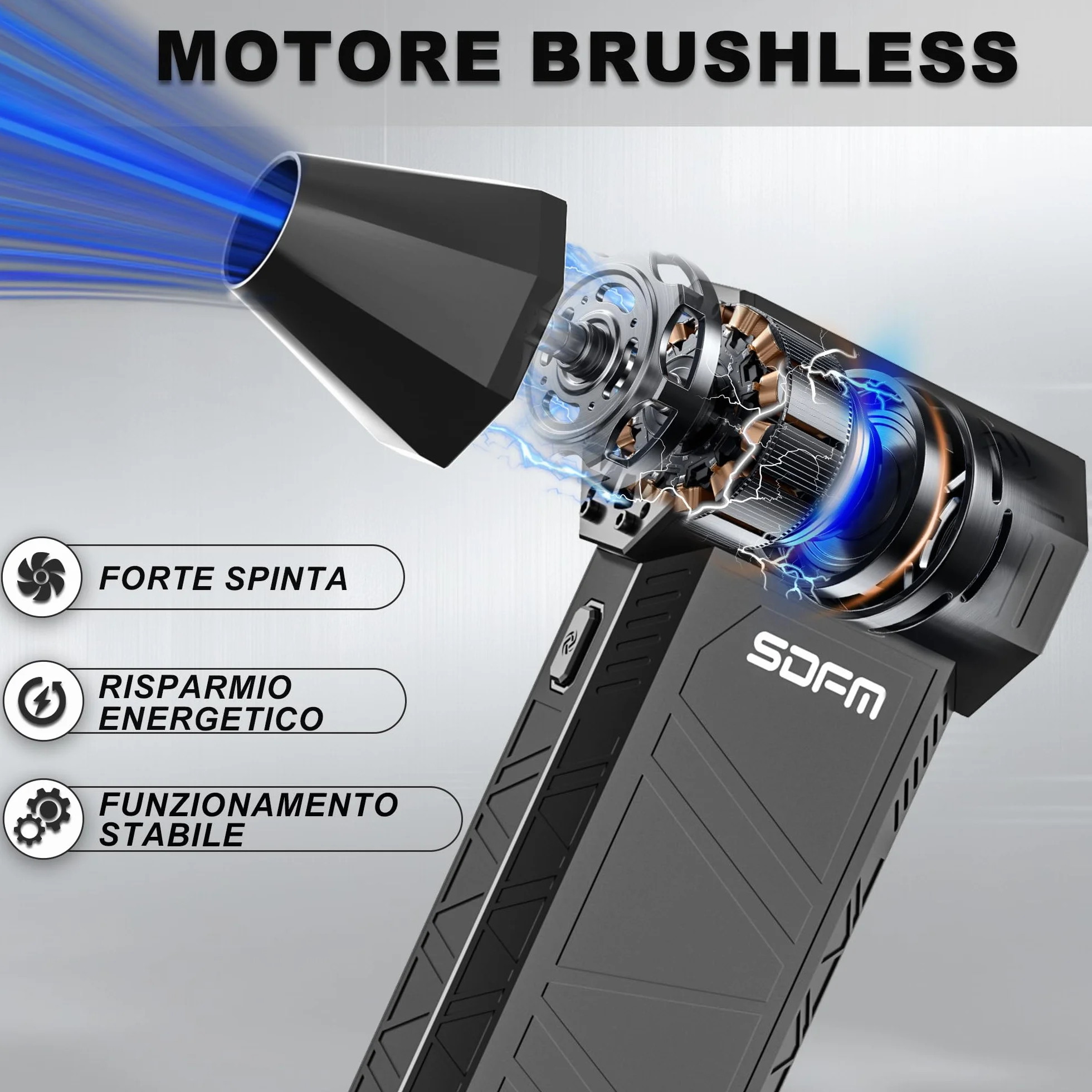 SDFM Soffiatore Aria Compressa, 130,000 RPM, 3 Velocità Elettrico Aria Compressa, con Protezione Intelligente, Senza Fili e Ricaricabile, per Pulizia di PC, Tastiera, Auto e Divano (Black)