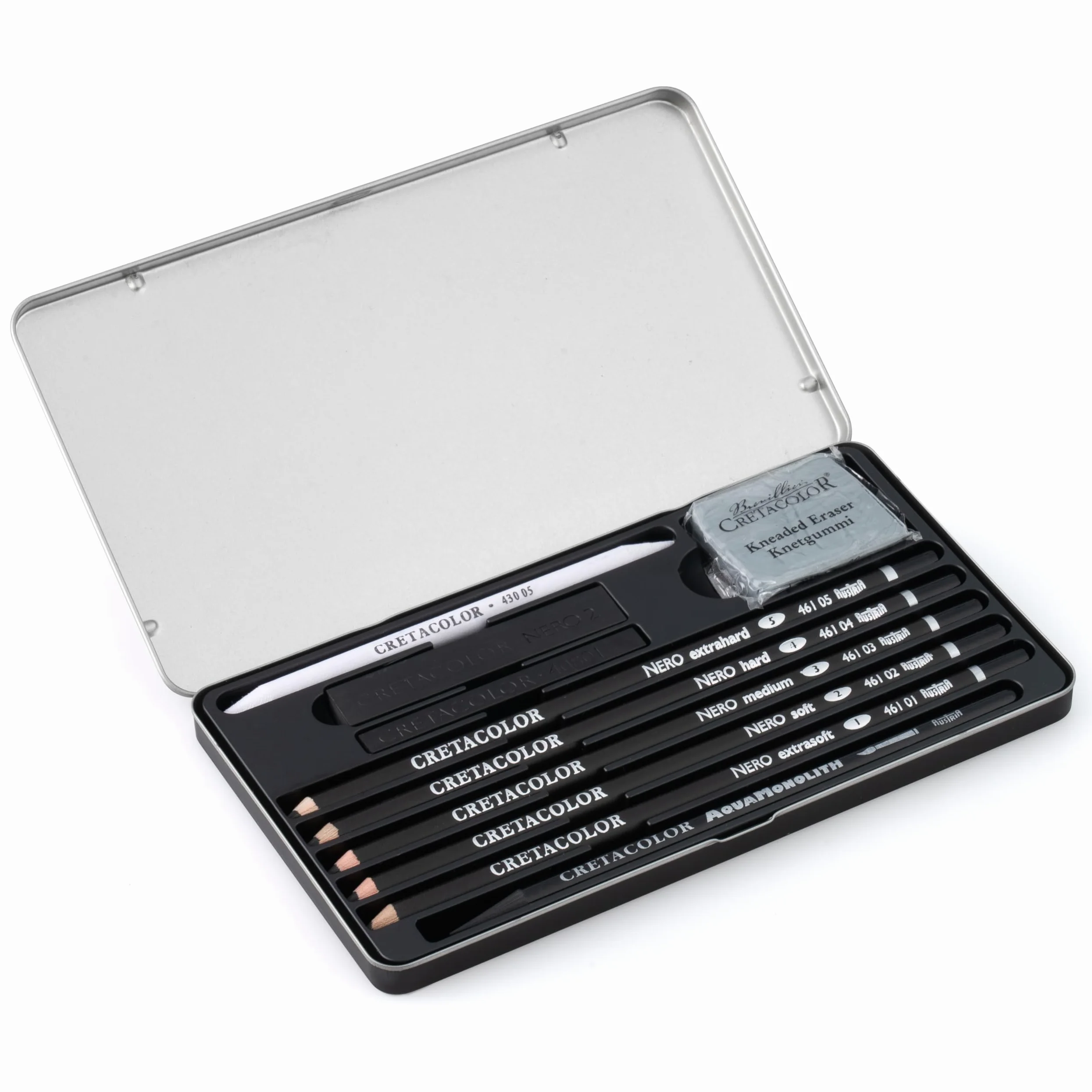 CRETACOLOR Deep Black, Drawing Set, set da disegno e da disegno nero intenso, 10 pezzi, non tossico, altamente pigmentato, incl. Gomma e tergicristalli, adatti per artisti e principianti