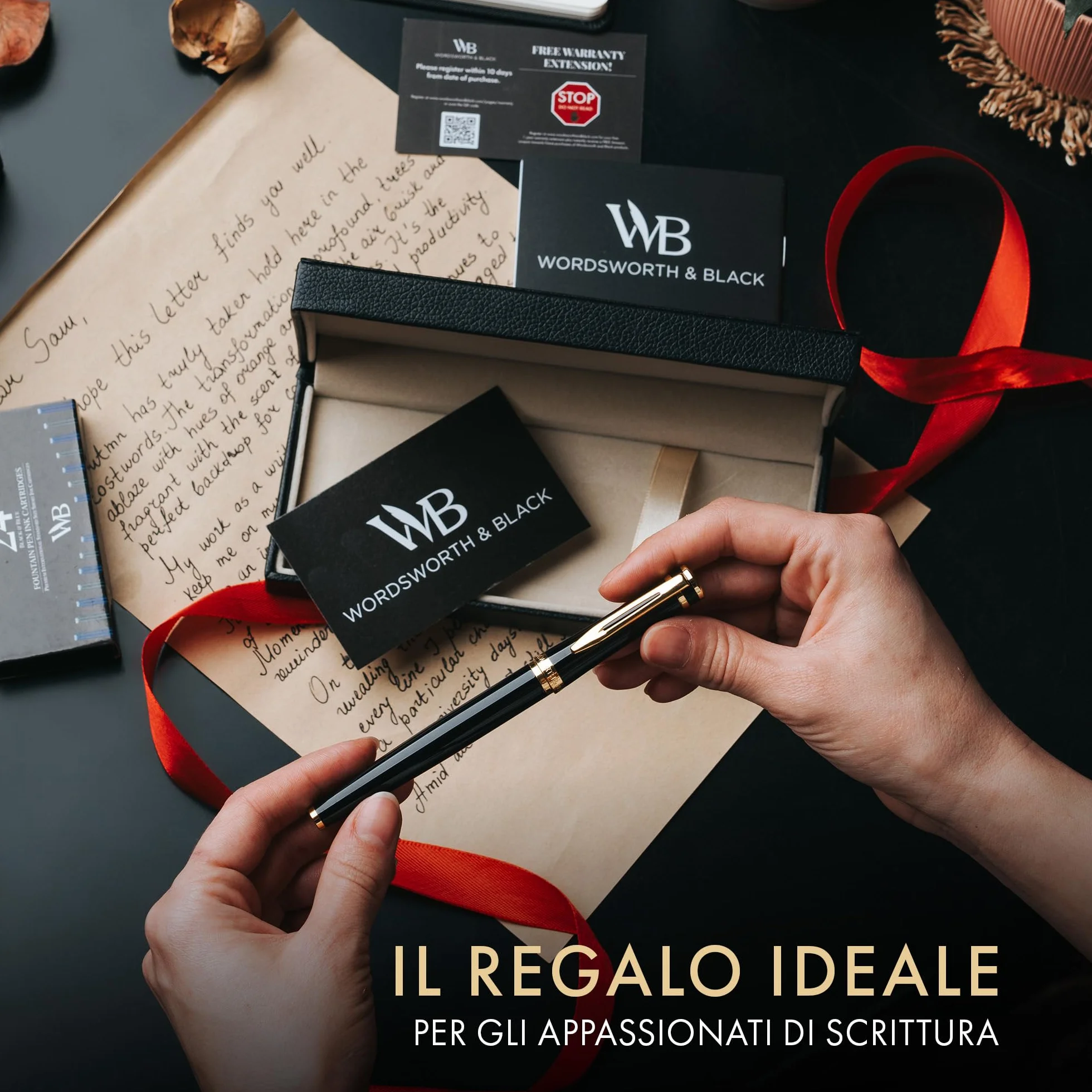 Wordsworth & Black Set di penne stilografiche, Pennino medio, 24 cartucce inchiostro e convertitore, Oro nero
