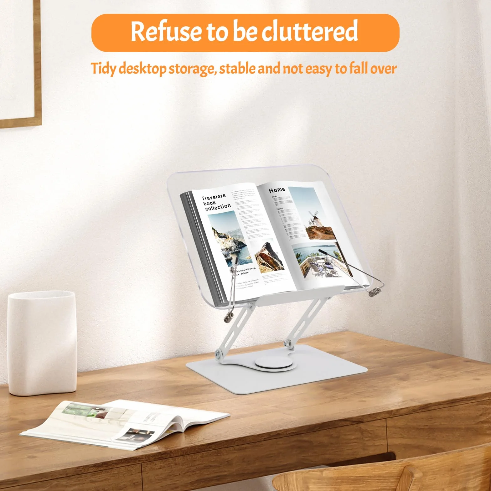 Leggio per Libri in Acrilico con Base Girevole 360° e Clip Elastiche, Regolabile 4,4-39 cm, Pieghevole Porta Libro da Scrivania