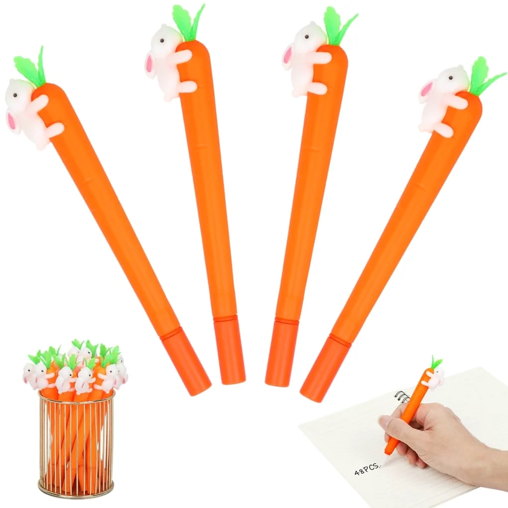 48 penne a forma di coniglietto a forma di carota, penne a inchiostro gel con inchiostro nero da 0,5 mm, penne firmate per casa, ufficio, scuola, articoli di cancelleria