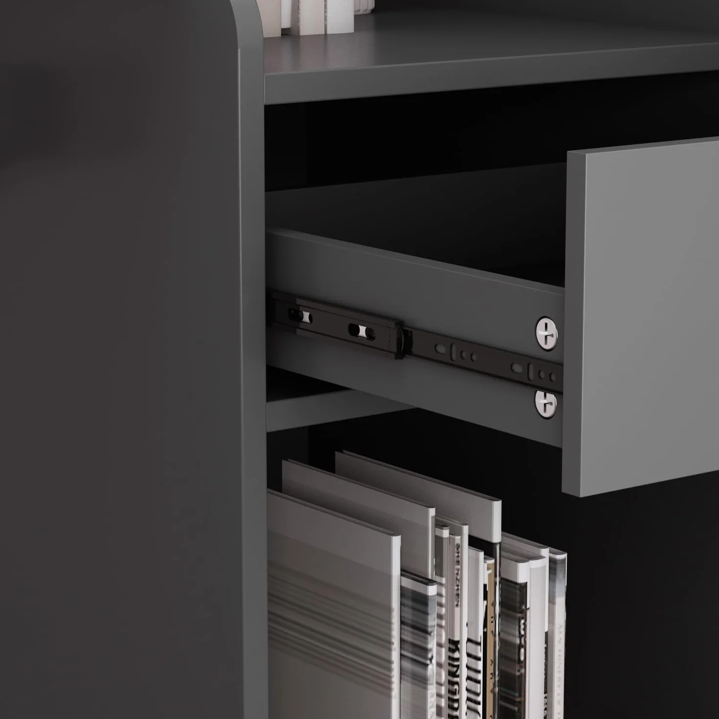Bancone di reception, Bancone di accoglienza con superficie aperta e 1 cassetto bloccabile, controsoffitto con design Patchwork Nero e Grigio Scuro, MDF, 40 x 121 x 110 cm