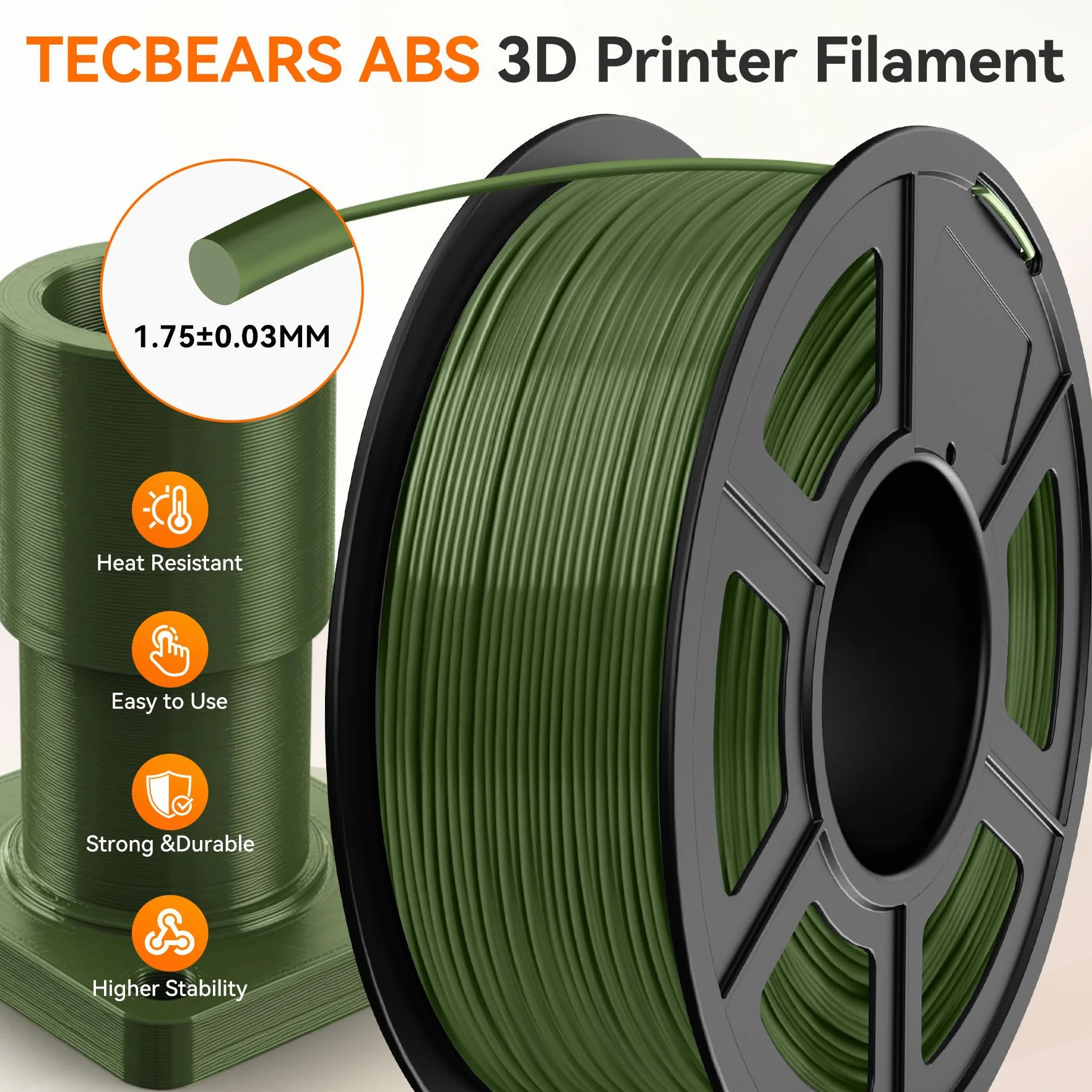 TECBEARS Filamento ABS 1,75mm 1KG Nero, Alta Resistenza e Tenacità, Resistenza Alle Alte Temperature, Anti-curvatura, Precisione Dimensionale +/-0,03mm, Filamento Stampante 3D