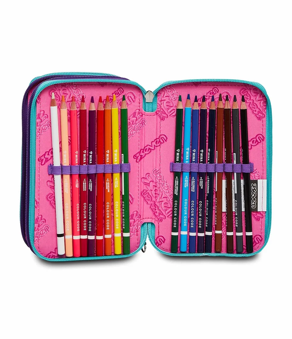 Seven Astuccio Scuola Elementare 3 scomparti con Matite Pennarelli Penne 3 Zip Trendy Heart Girl rosa/azzurro