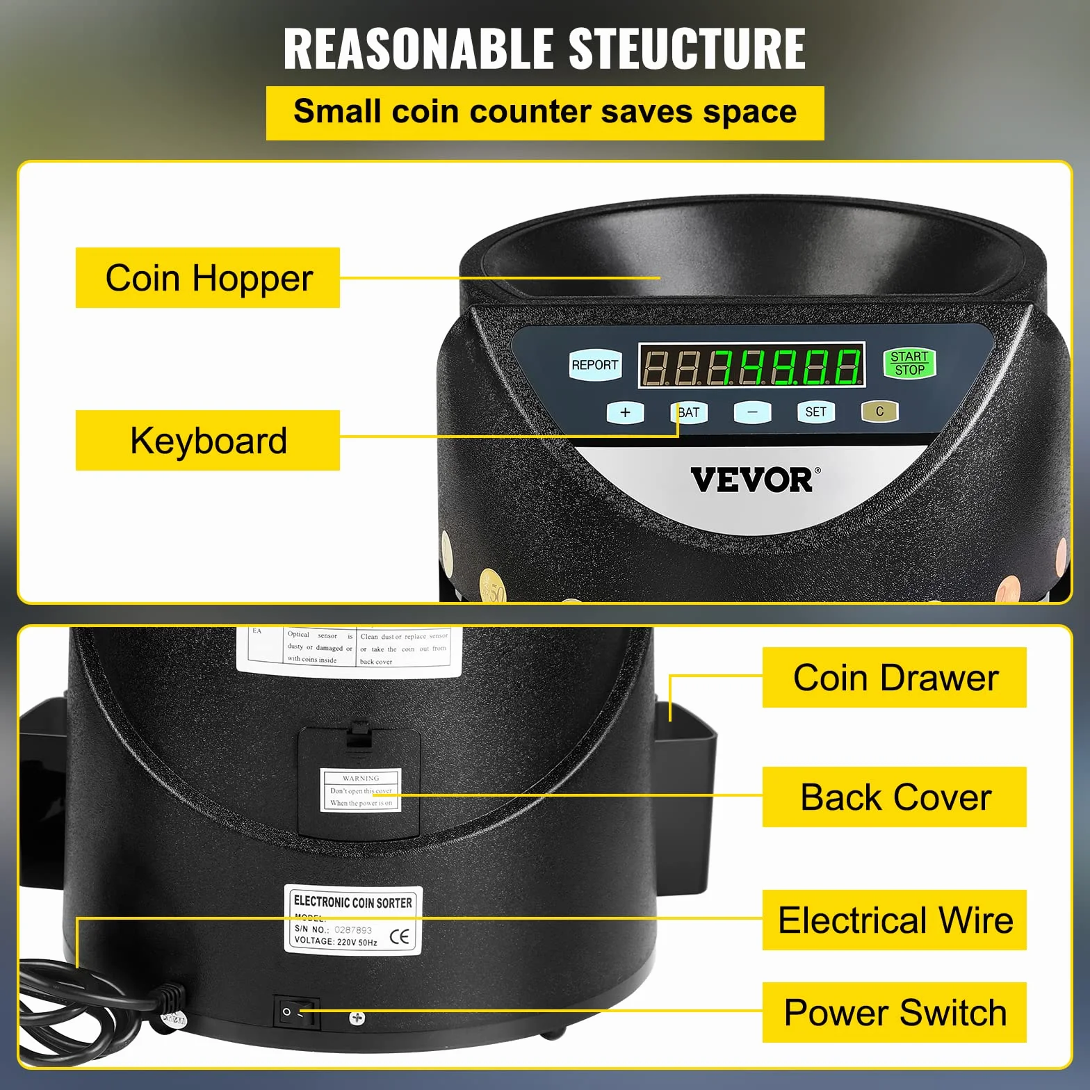 VEVOR Macchina Contamonete 500-1000 Monete in Euro Separatore per Monete Contamonete Velocità 300 pezzi/minuto Display a LED 7 Cifre Pannello Controllo 8 Cassetti, Tabaccheria, Scuole, Negozio, Banca