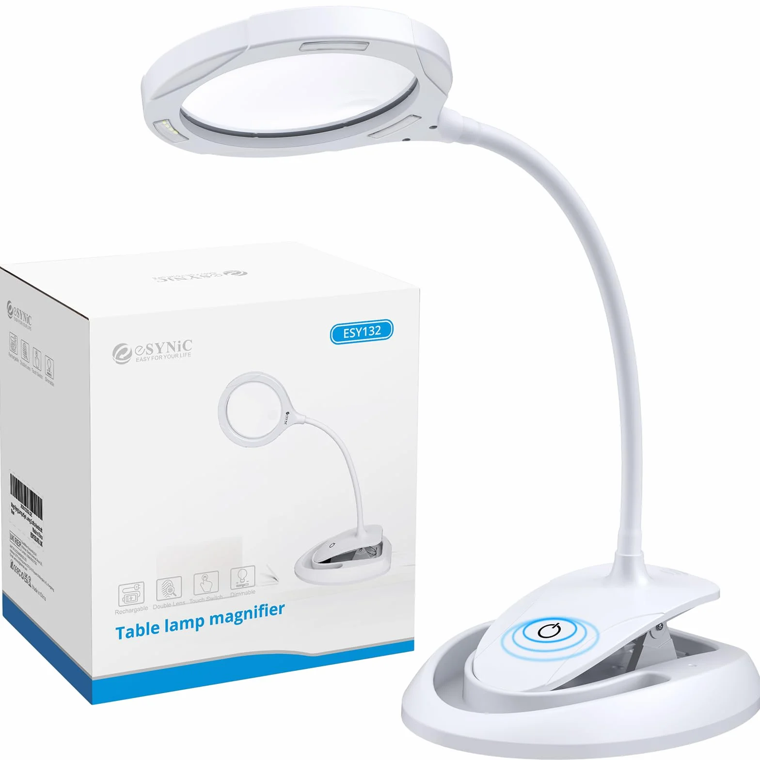 ESYNiC 2 in 1 Lente di Ingrandimento 5X 10X Lampada LED Ricaricabile con Morsetto da Tavolo Lente d'Ingrandimento Luce 15 LED 3 Luminosità Regolabile con Clip Collo Flessibile - Bianco
