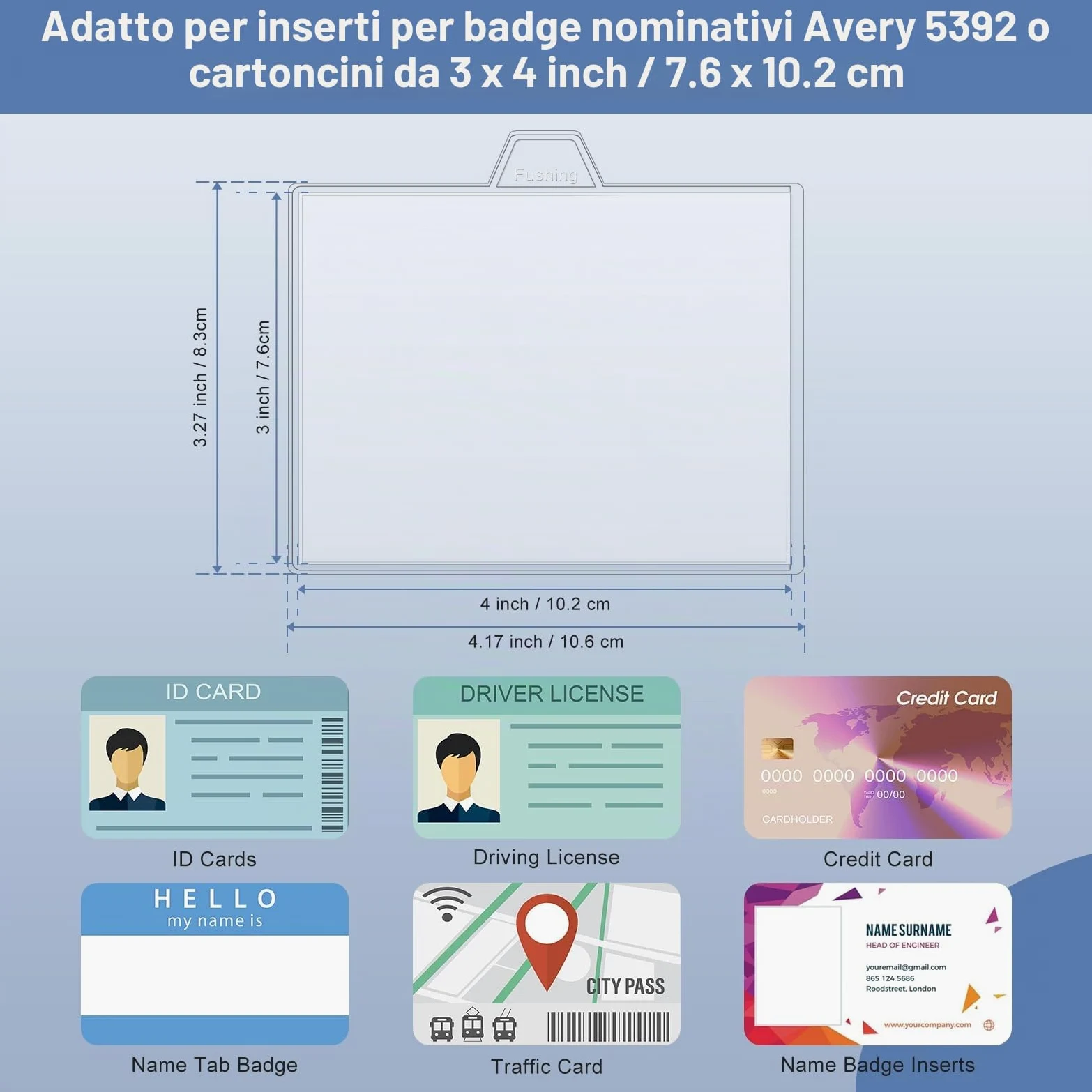 Fushing - Porta badge con clip, 100 pezzi, in plastica trasparente, con clip per badge da 7,6 x 10,2 cm