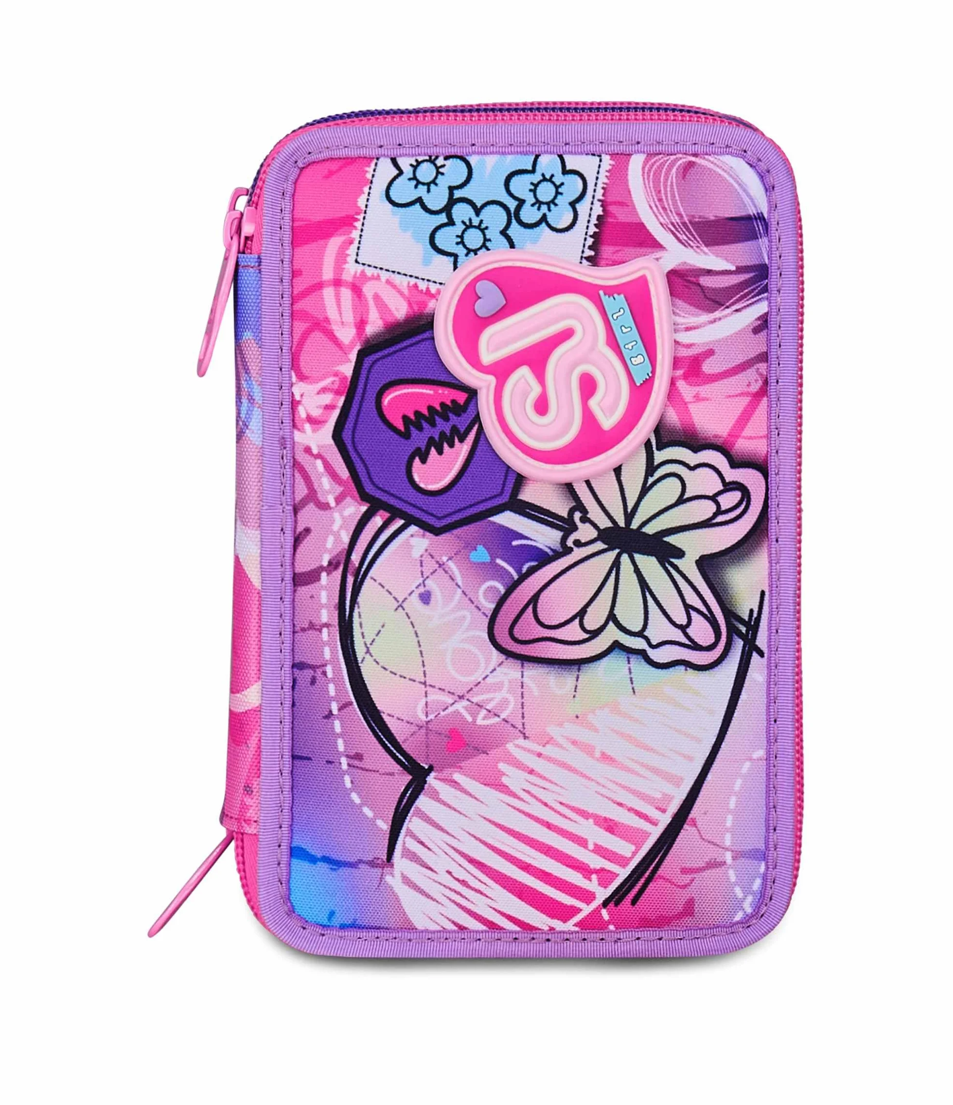 SJ GANG STYLE JAM GANG Astuccio Scuola 3 Zip, Fucsia, Portapenne Triplo Scomparto Completo Di Penne, Matite, Colori, Accessori Zaino, Scuola Elementare, Bambina