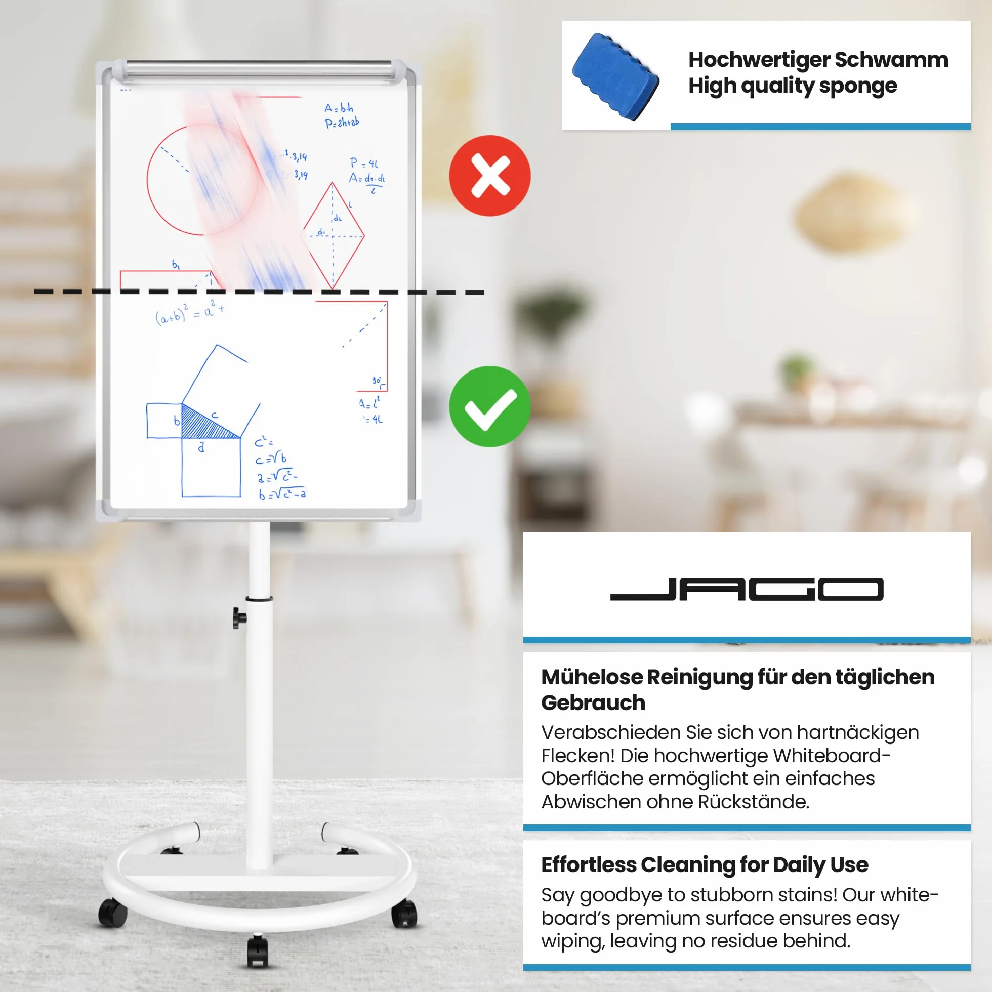 Jago® Lavagna a Fogli Mobili - con Ruote, Base Rotonda, 60 x 90 cm, Altezza Regolabile, 2 Bracci Estensibili, con Magneti, 25 Fogli, Spugna - Lavagna Portablocco, Flipchart, Bacheca Magnetica