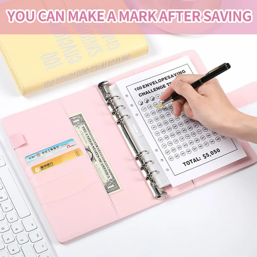 Libro del risparmio A5, 100 Envelope Savings Challenge, Challenge del risparmio, Agenda risparmio soldi con buste, 5050€ (Rosa)