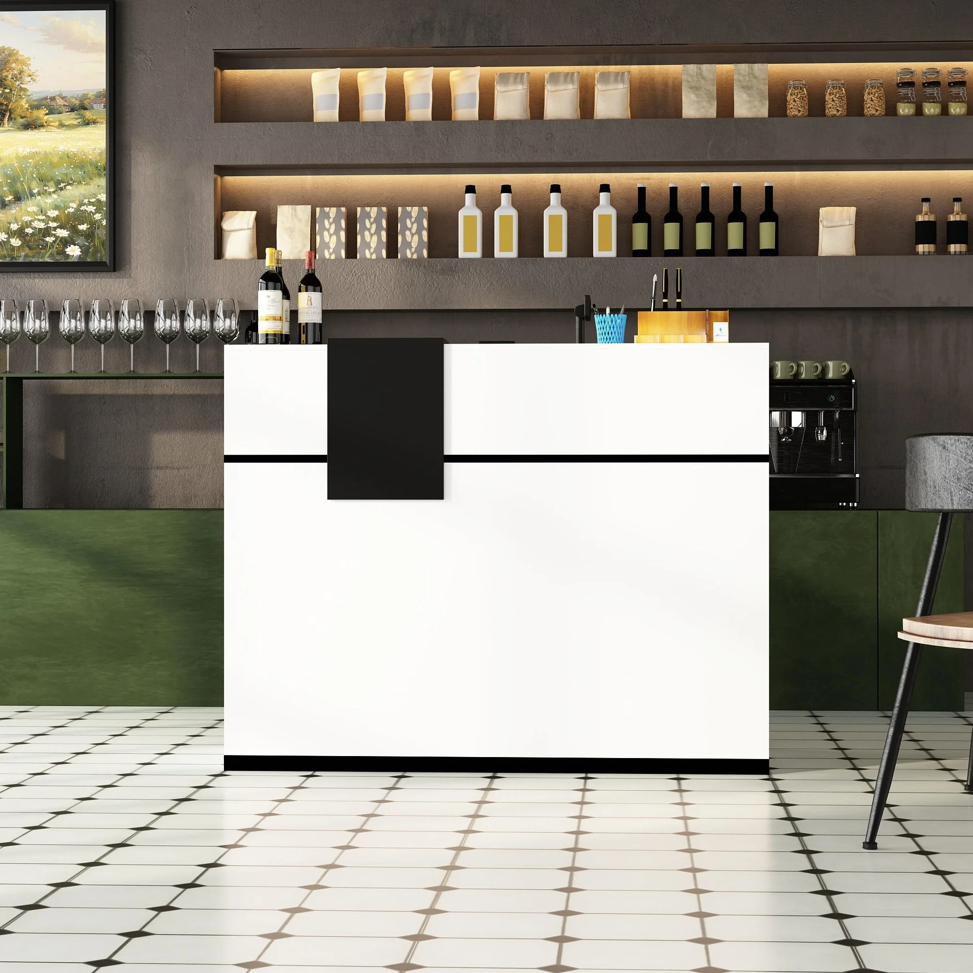 Banco di reception, banchi di reception, banchi di ricevimento, bancone con cassetti e armadi chiudibili, bancone con ripiani aperti regolabili, 140 x 60 x 110 cm, MDF
