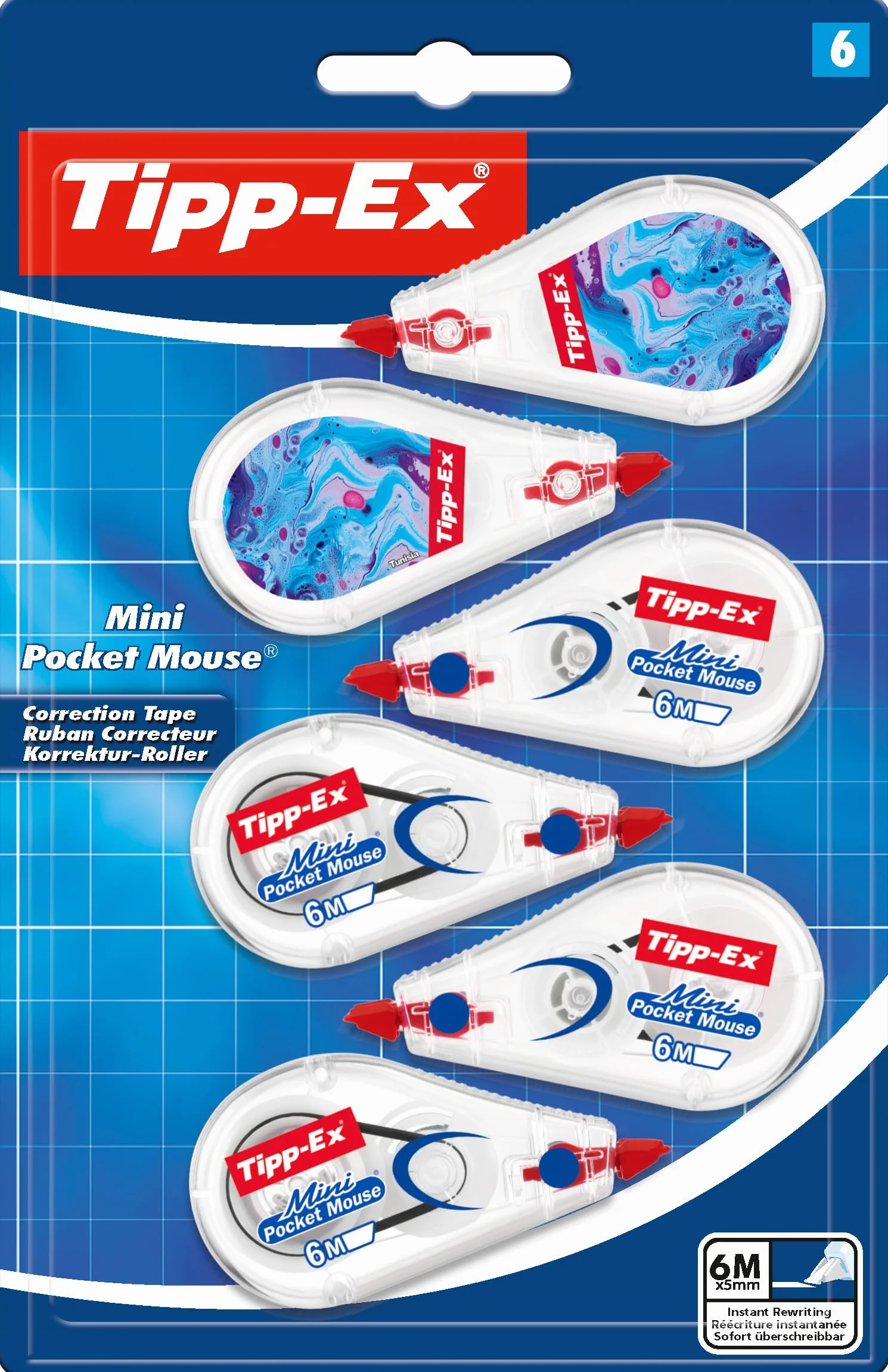 Tipp-Ex Correttori a Nastro Mini Pocket Mouse 6 Pezzi, 2 Design Hydro Dipping, 4 Classici