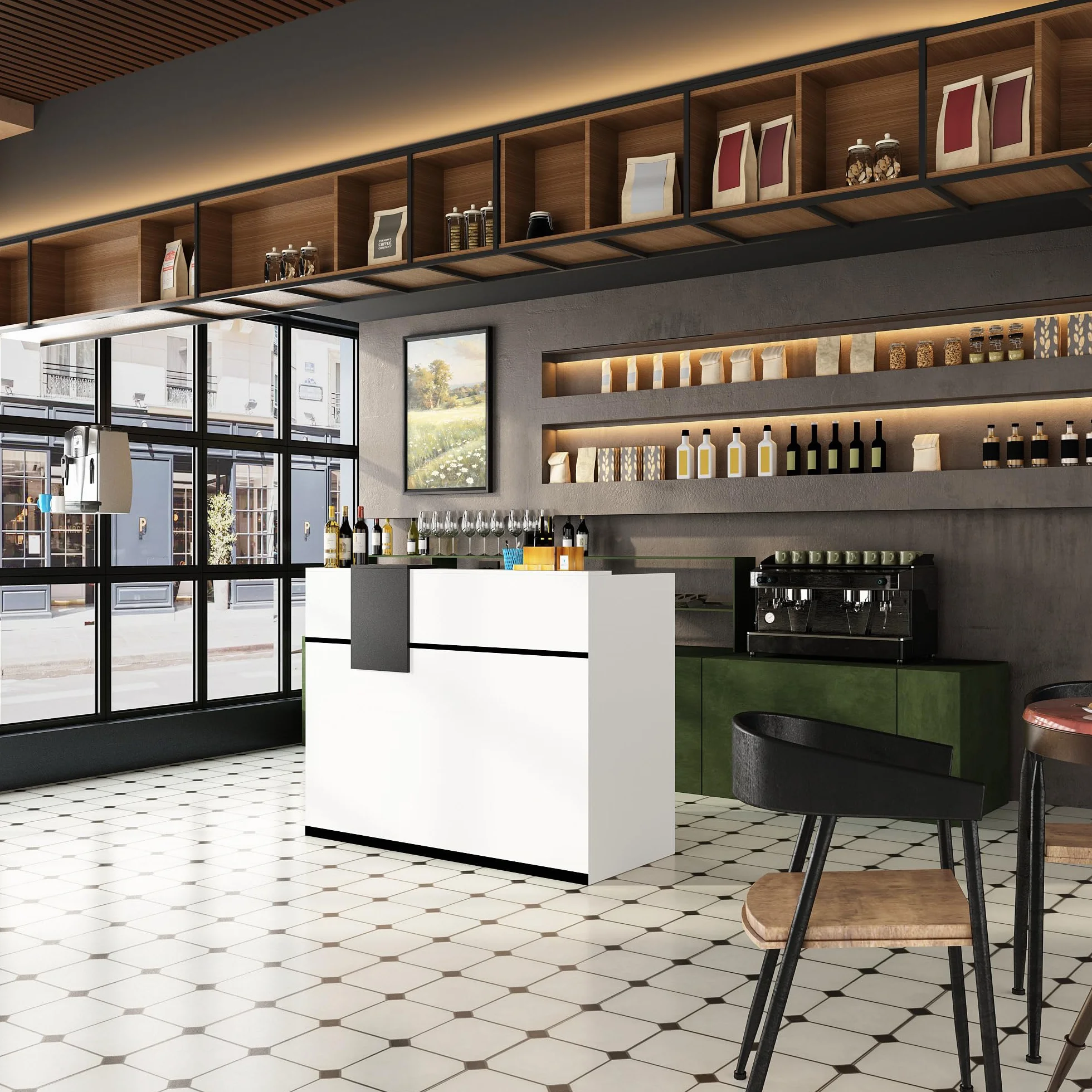 Banco di reception, banchi di reception, banchi di ricevimento, bancone con cassetti e armadi chiudibili, bancone con ripiani aperti regolabili, 140 x 60 x 110 cm, MDF