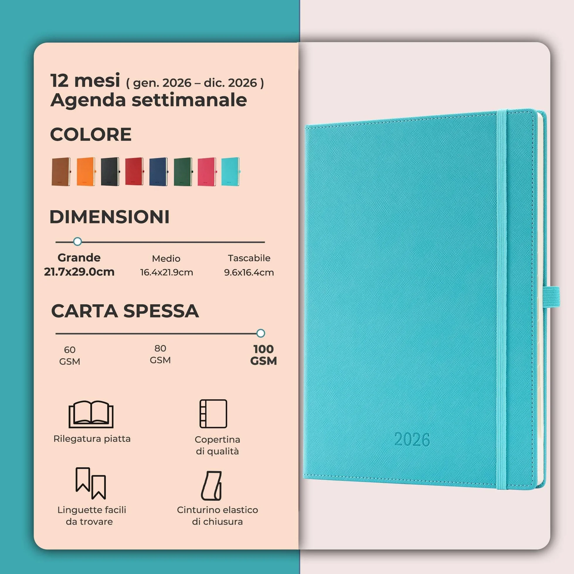 Agenda 2026 A4: Diario 29x21,7 cm, Pianificatore settimanale & giornaliero rilegato, 12 mesi Gen–Dic, carta 100 g/m², copertina pelle PU Azzurro