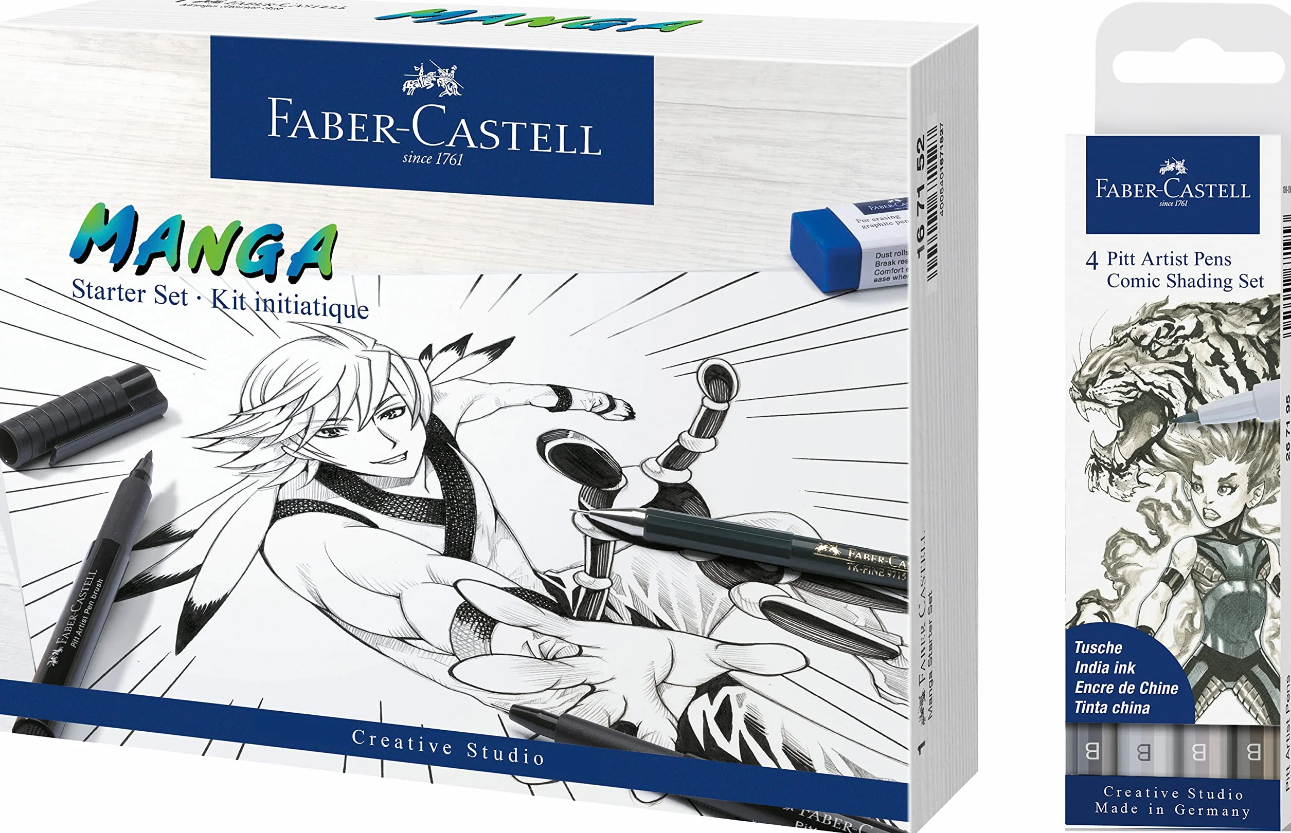 Faber-Castell Pitt Artist Pen, 167152, 3 artisti a inchiostro e accessori, 14 pezzi, kit di avvio manga, ombreggiatura fumetti con 4 diverse tonalità di grigio
