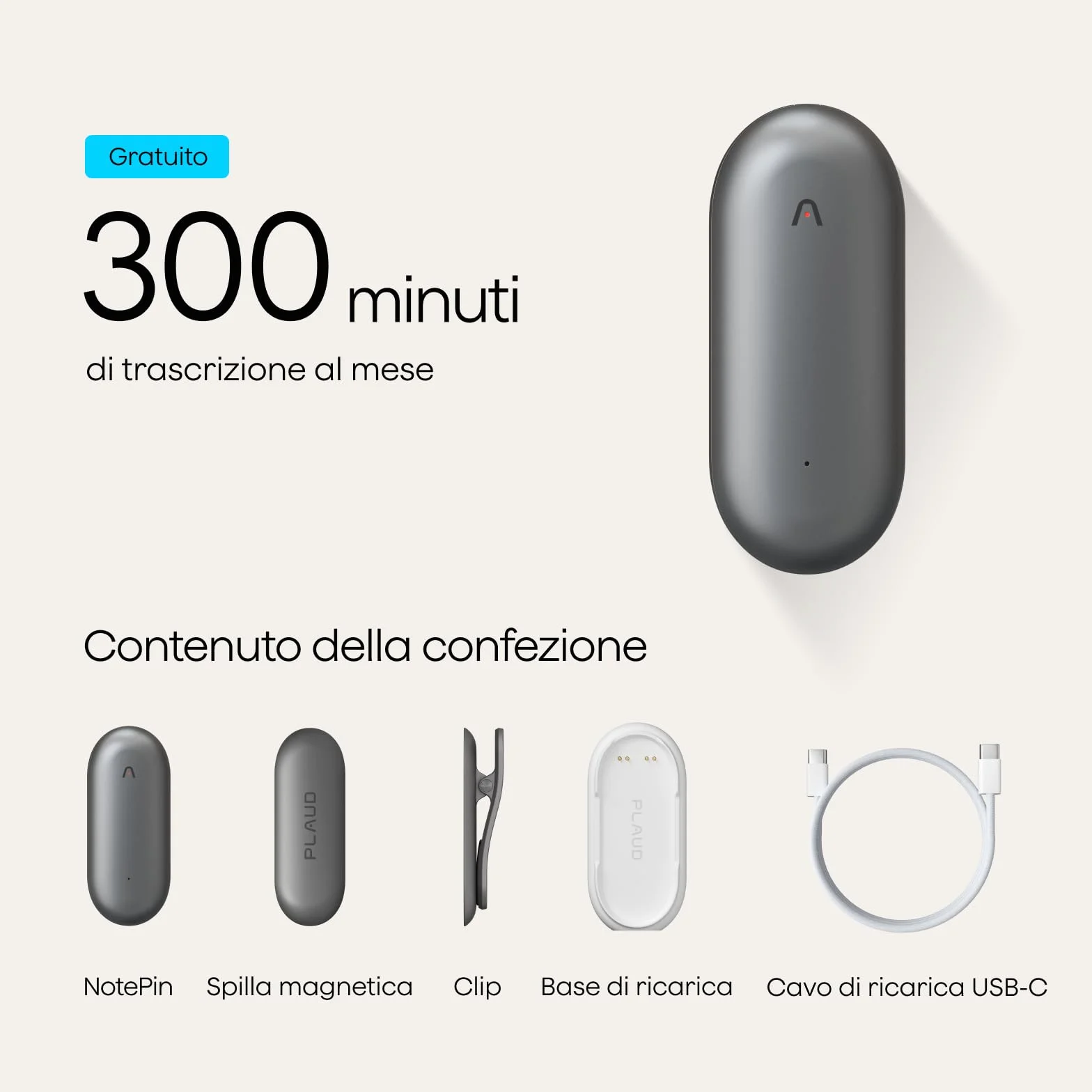 Plaud NotePin Registratore Vocale AI Professionale Audio Digitale Trascrivi Riassumi Tecnologia AI,Team Plan, Appunti Trascrizione Riepilogo per Riunioni Lezioni Colloqui, Grigio