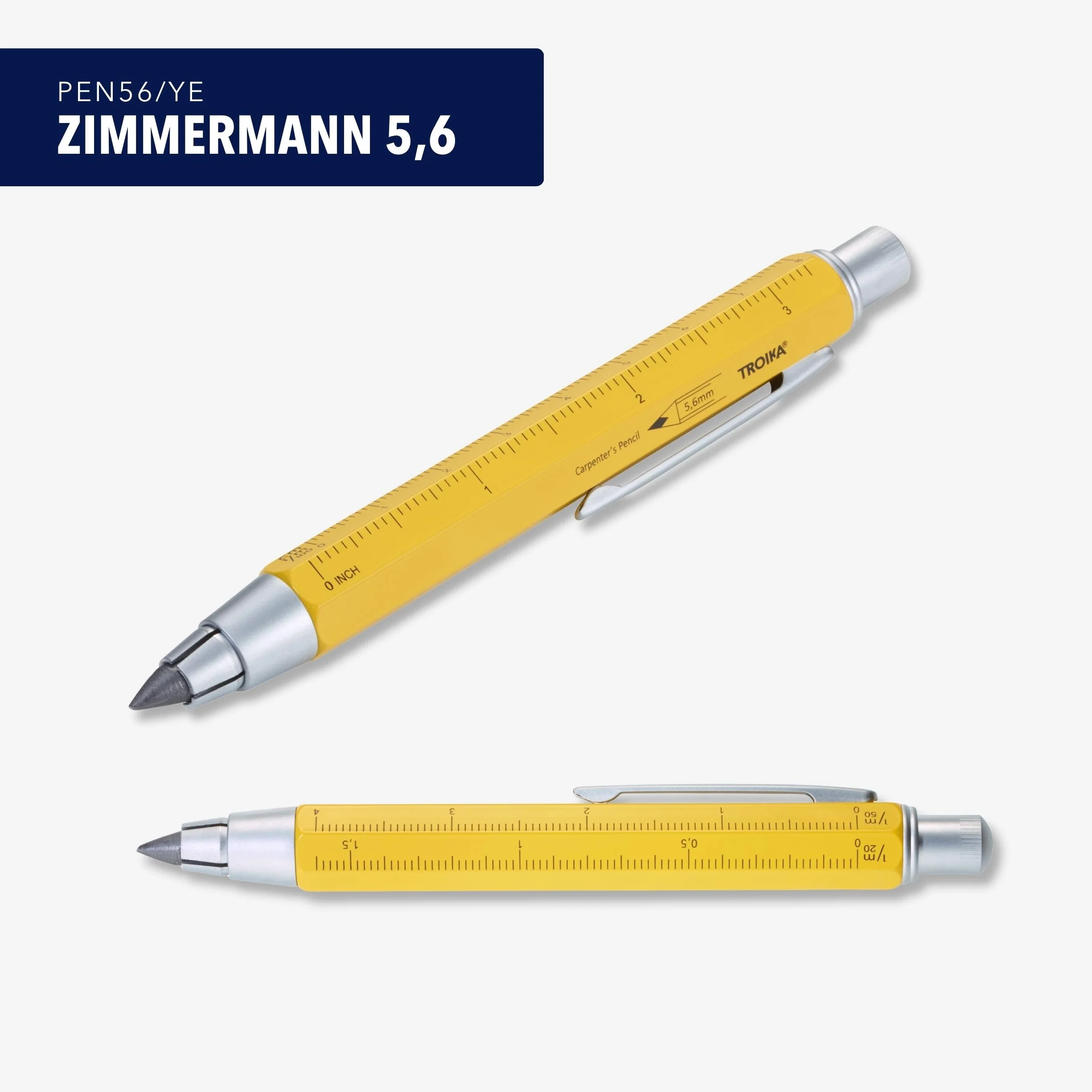 TROIKA ZIMMERMANN 5,6 BLEISTIFT- PEN56/YE mine (5,6 mm HB-mine), righello in centimetri/pollici, scala 1:20 m/1:50 m, temperamatite in ottone laccato giallo
