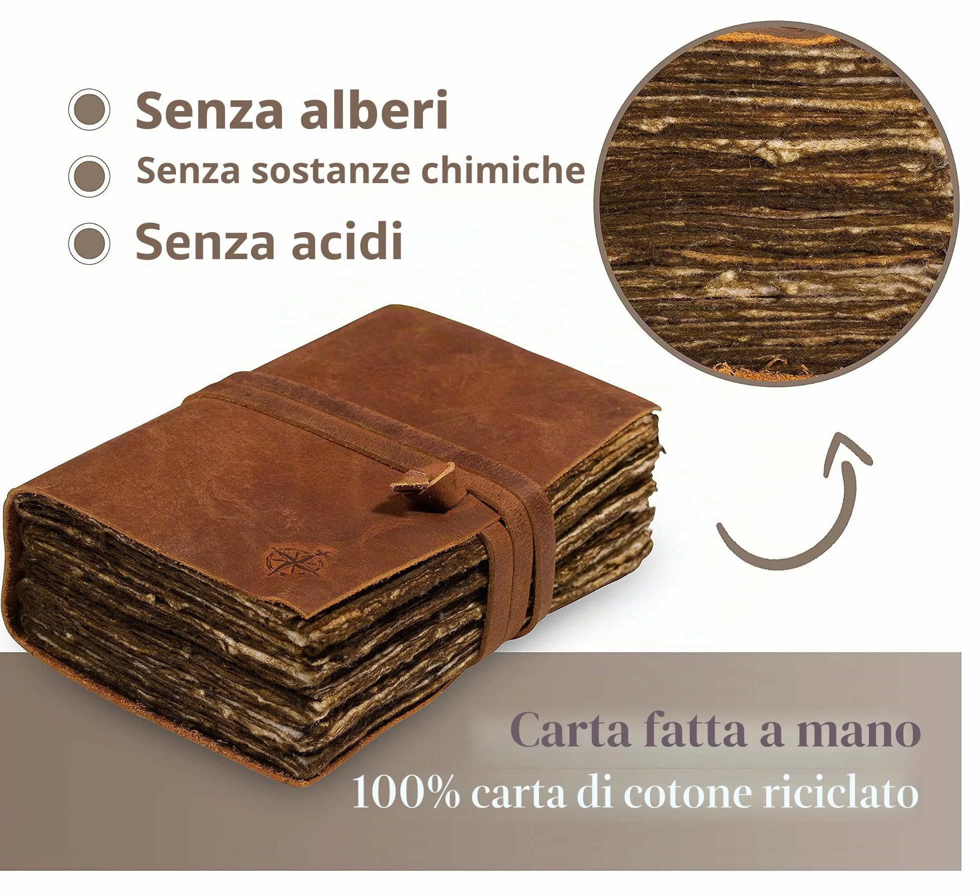 WANDERINGS Diario in Pelle Vintage – 15×23 cm – Taccuino Antico Rilegato in Pelle con Pagine a Righe e Bordo Irregolare