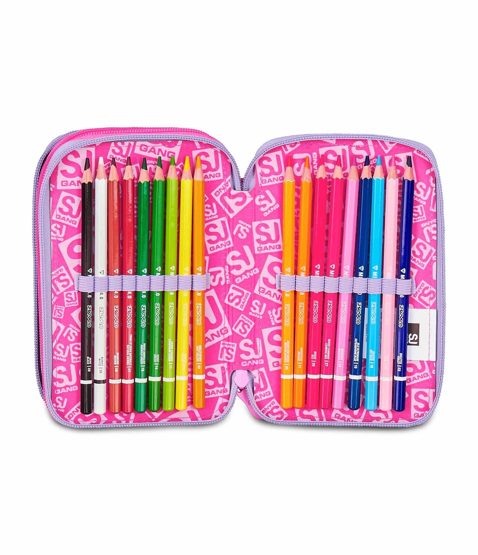 Astuccio Scuola 3 Zip Fucsia Portapenne Triplo Scomparto Completo Penne Matite Colori