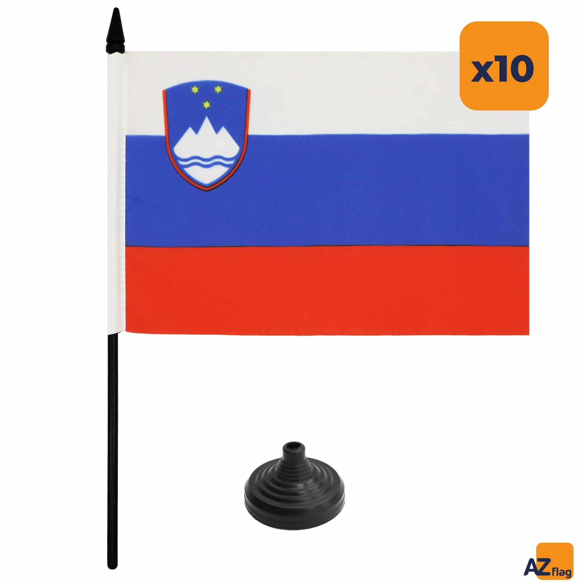 AZ FLAG - Set di 10 bandiere da tavolo Slovenia, 21 x 14 cm, 10 piccole bandiere slovene da ufficio, 100% poliestere, con asta da 25 cm, base in plastica nera