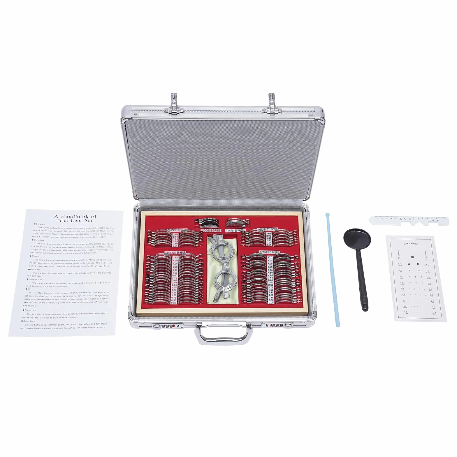 Trial Lens - Set di lenti di prova, 104 pezzi, lenti con occhiali di prova, in metallo, ottometria, lenti di prova, lenti ottiche, con telaio ottometrico e valigetta ottometrica